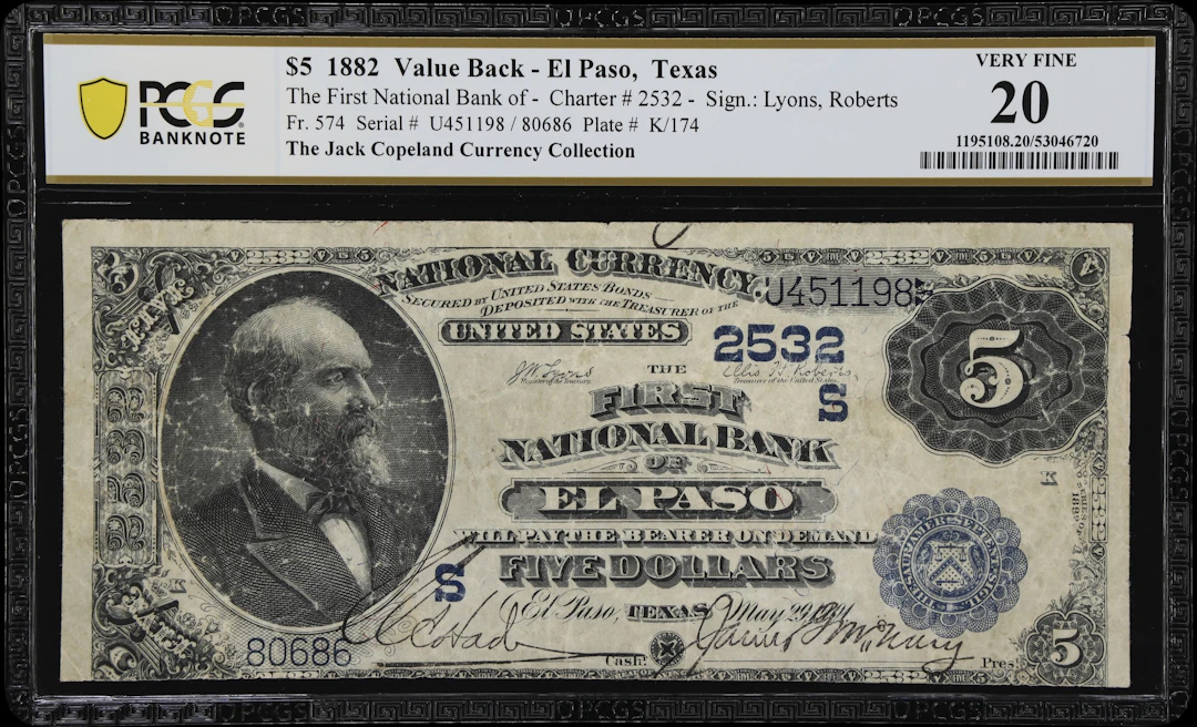 El Paso, Texas. $5 1882 Value Back. Fr. 574. First NB. Charter #2532.