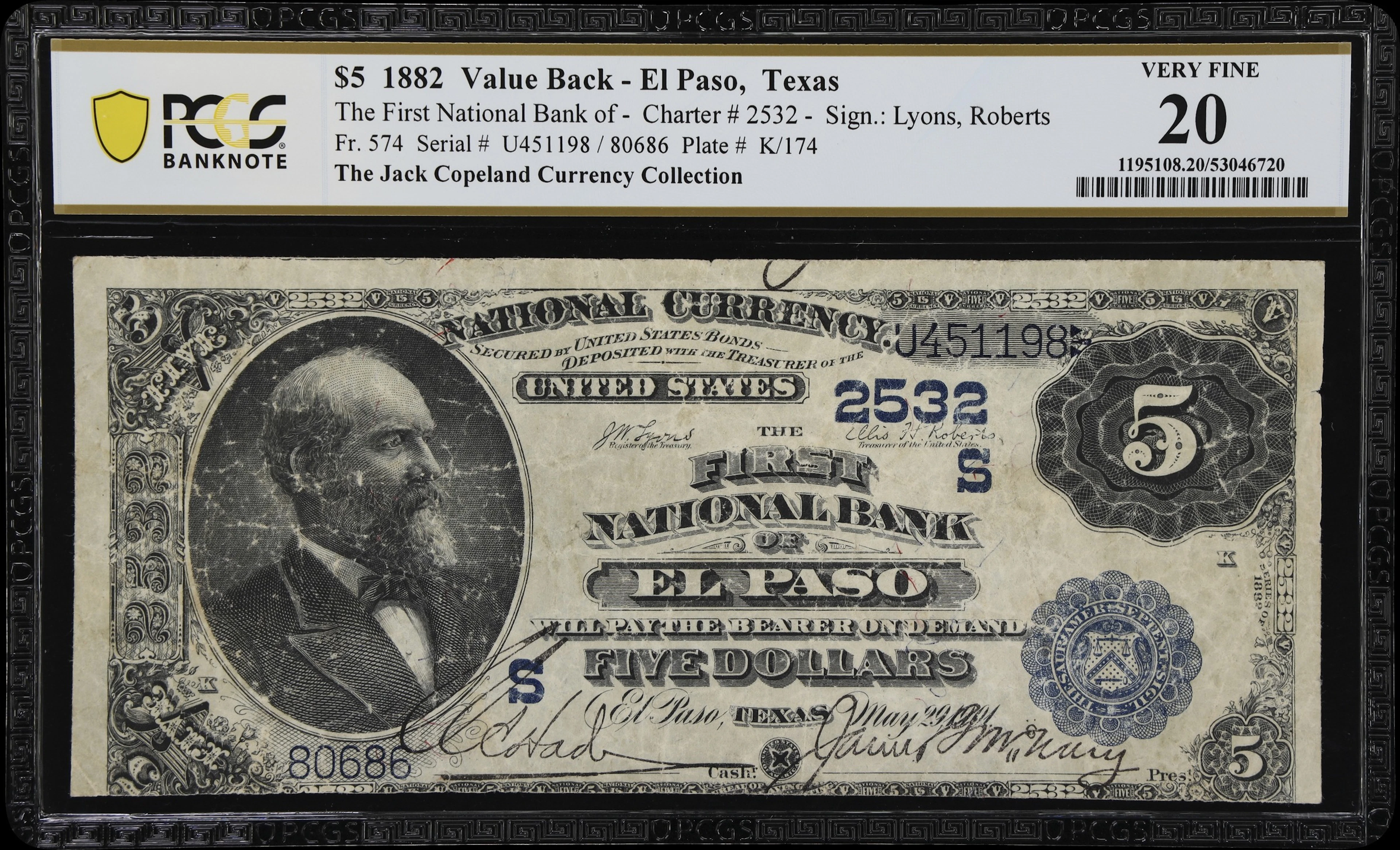 El Paso, Texas. $5 1882 Value Back. Fr. 574. First NB. Charter #2532.