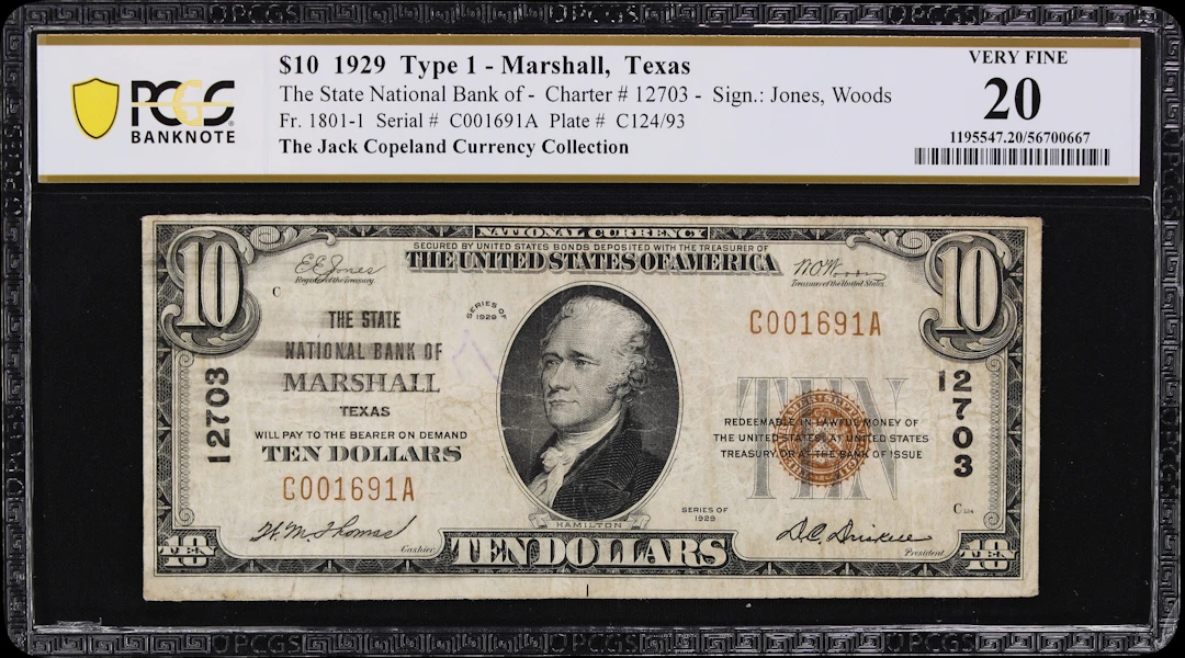 Marshall, Texas. $10 1929 Ty. 1. Fr. 1801-1. State NB. Charter #12703.