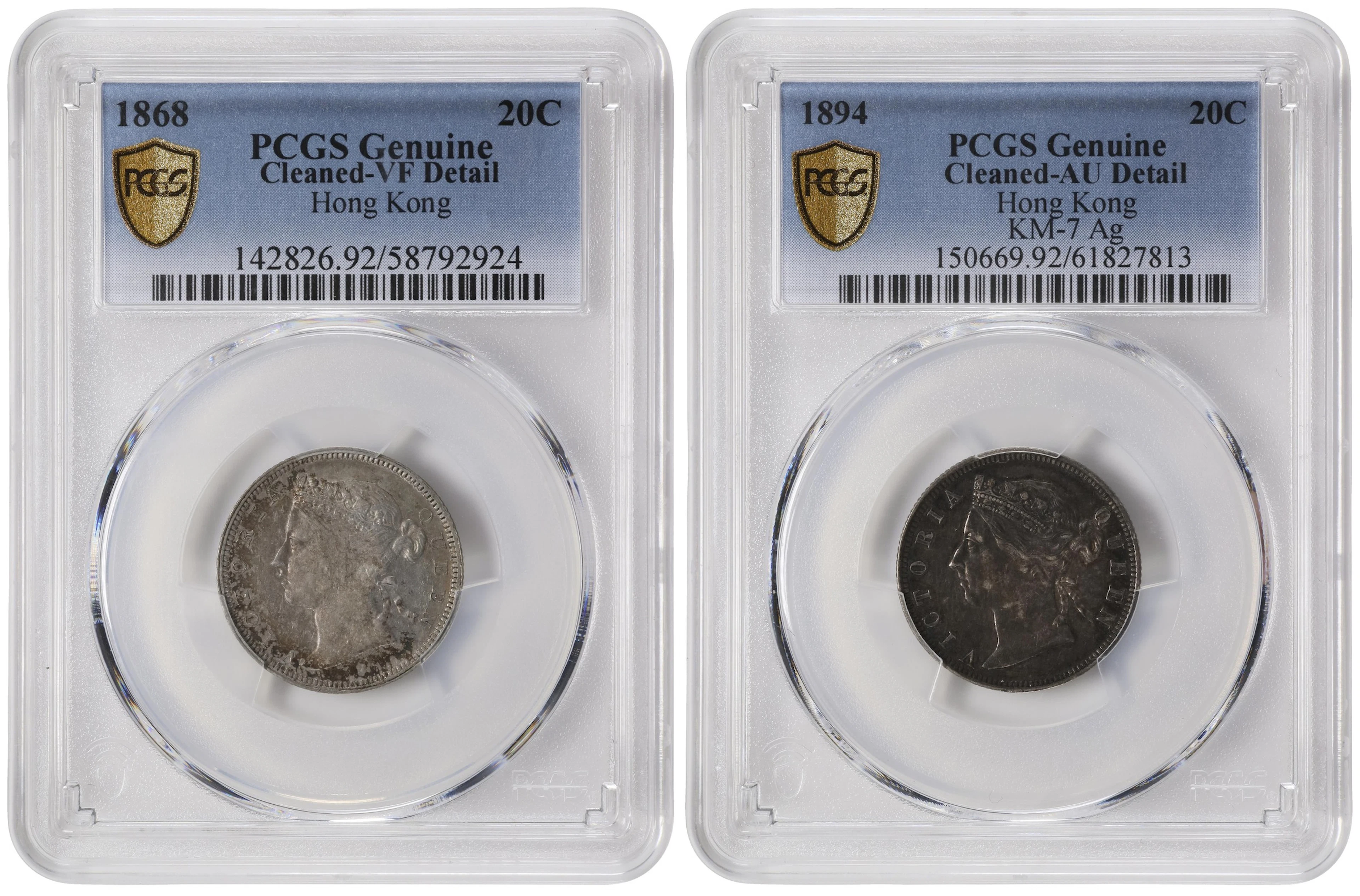 (t) HONG KONG (SAR). Duo of 20 Cents (2 Pieces), 1868 & 1894. Victoria.