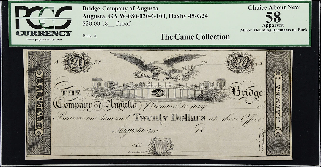Augusta, Georgia. Bridge Company of Augusta. 18xx $20. PCGS Currency