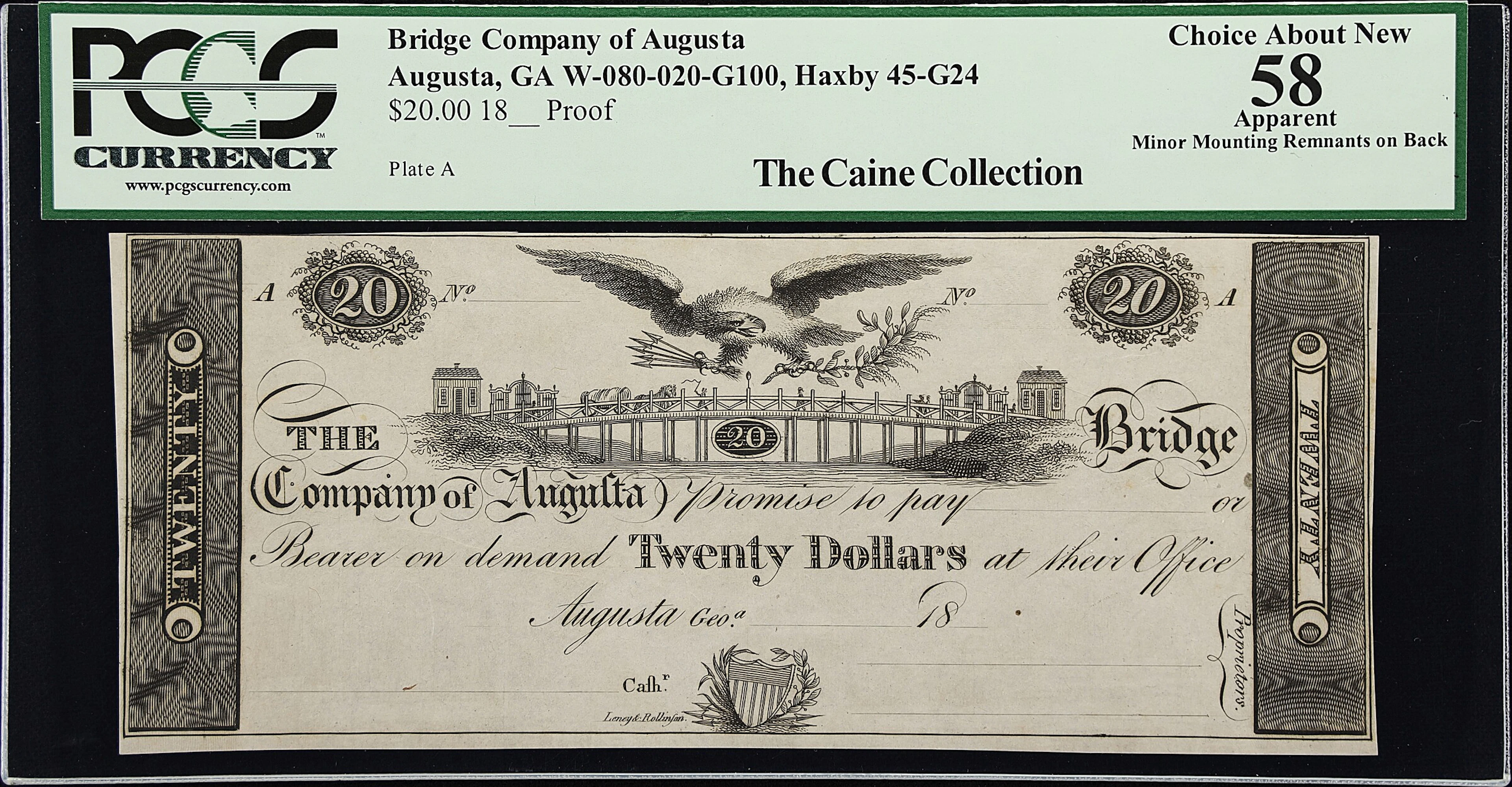 Augusta, Georgia. Bridge Company of Augusta. 18xx $20. PCGS Currency