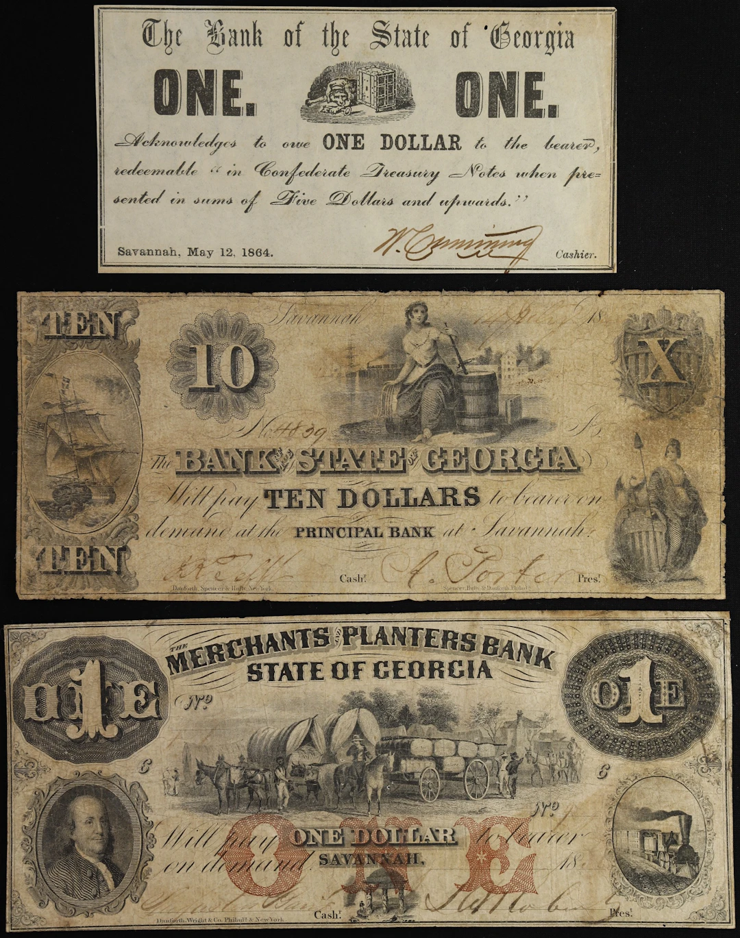 Lot of (3) Savannah, Georgia. Mixed Issuers. 18xx-64 $1 & $10. Fine