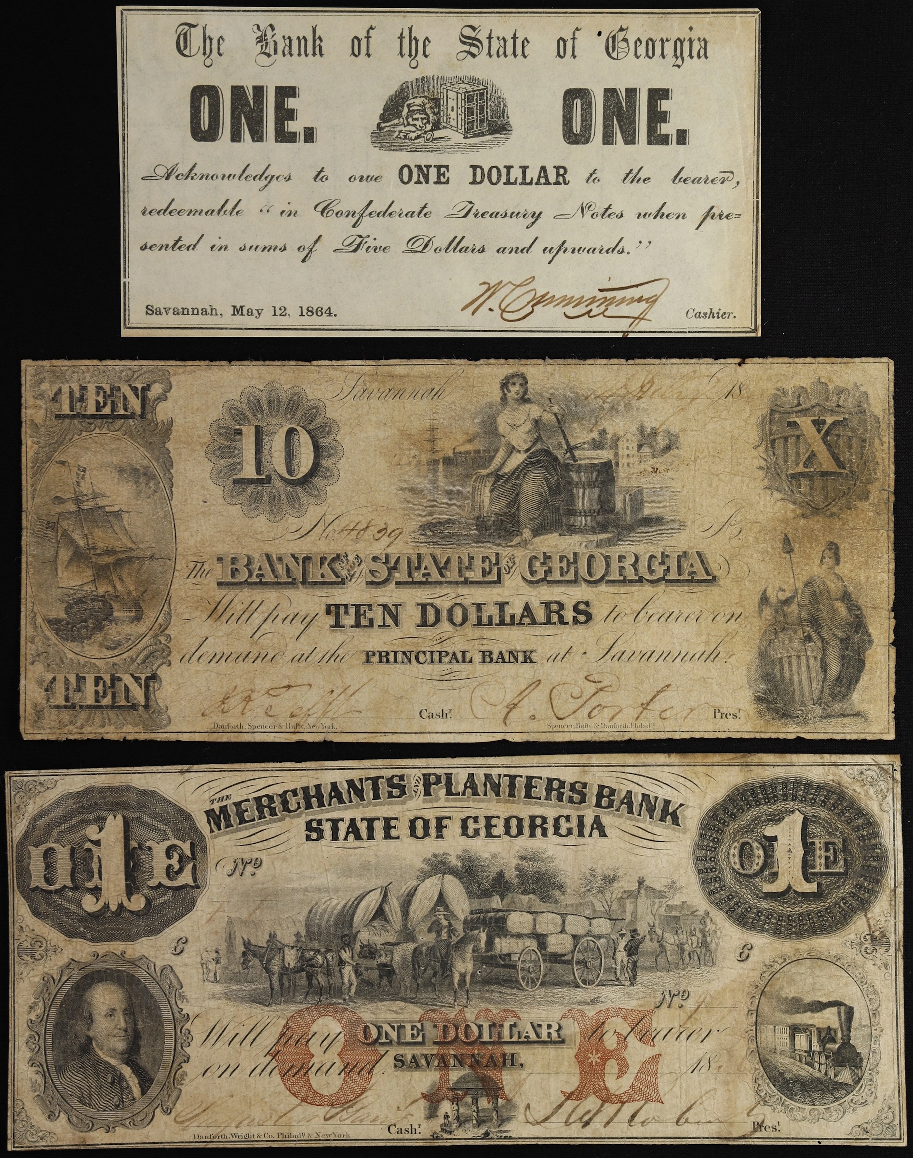 Lot of (3) Savannah, Georgia. Mixed Issuers. 18xx-64 $1 & $10. Fine