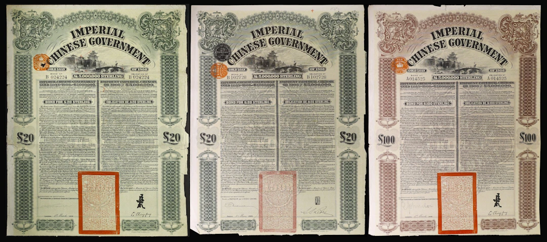 CHINA--EMPIRE. Lot of (3). 1909 4 1/2% Imperial Chinese Government