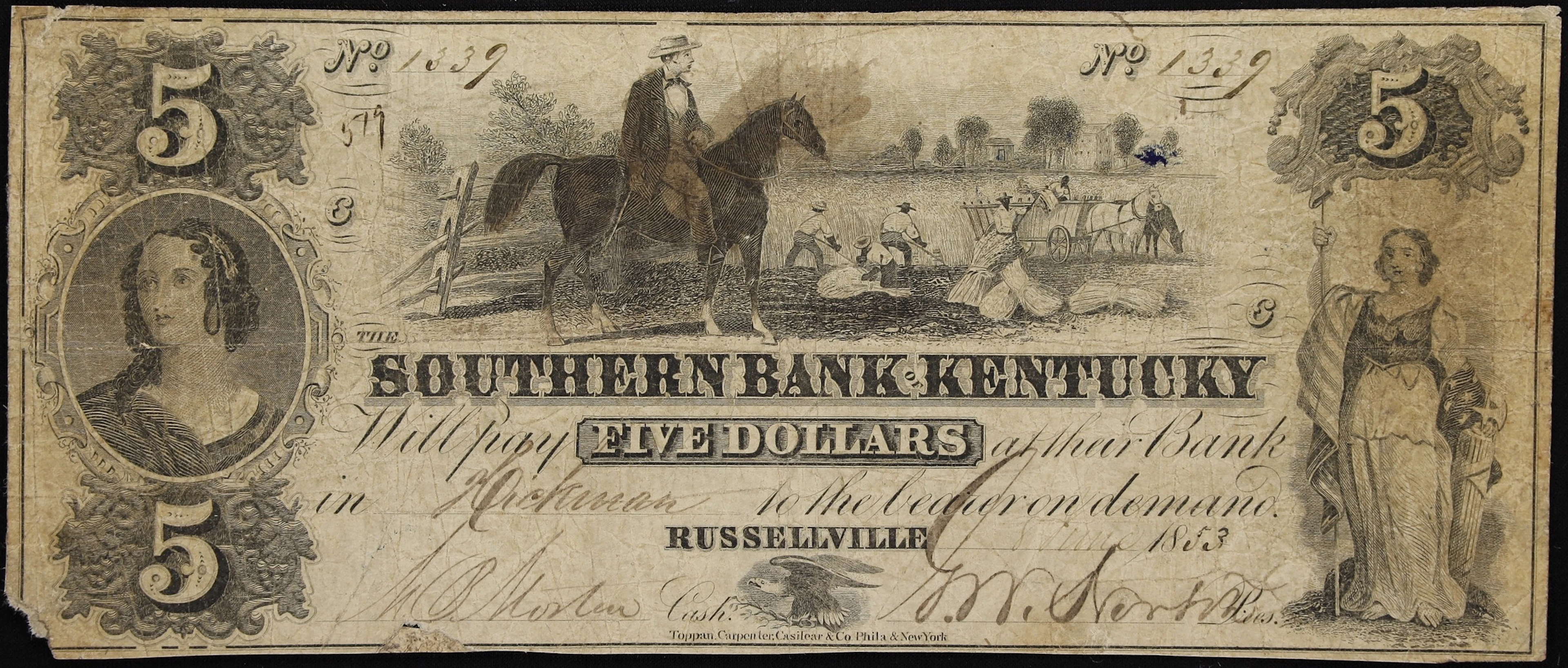 Russellville, Kentucky. Southern Bank of Kentucky. 1853 $5. Very Good.