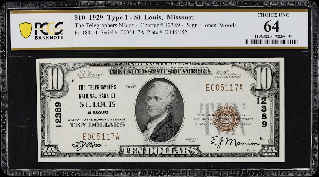 Saint Louis, Missouri. $10 1929 Ty. 1. Fr. 1801-1. Telegraphers NB.