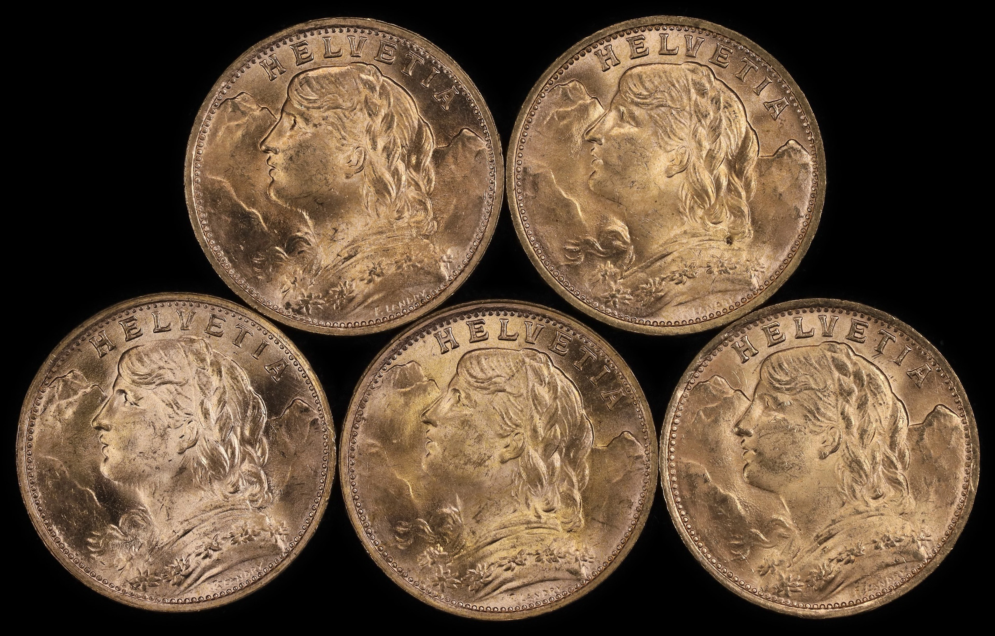 (0.935 oz, 29.082 g AGW). Switzerland. Lot of (5) 1935-B Gold 20 Francs.