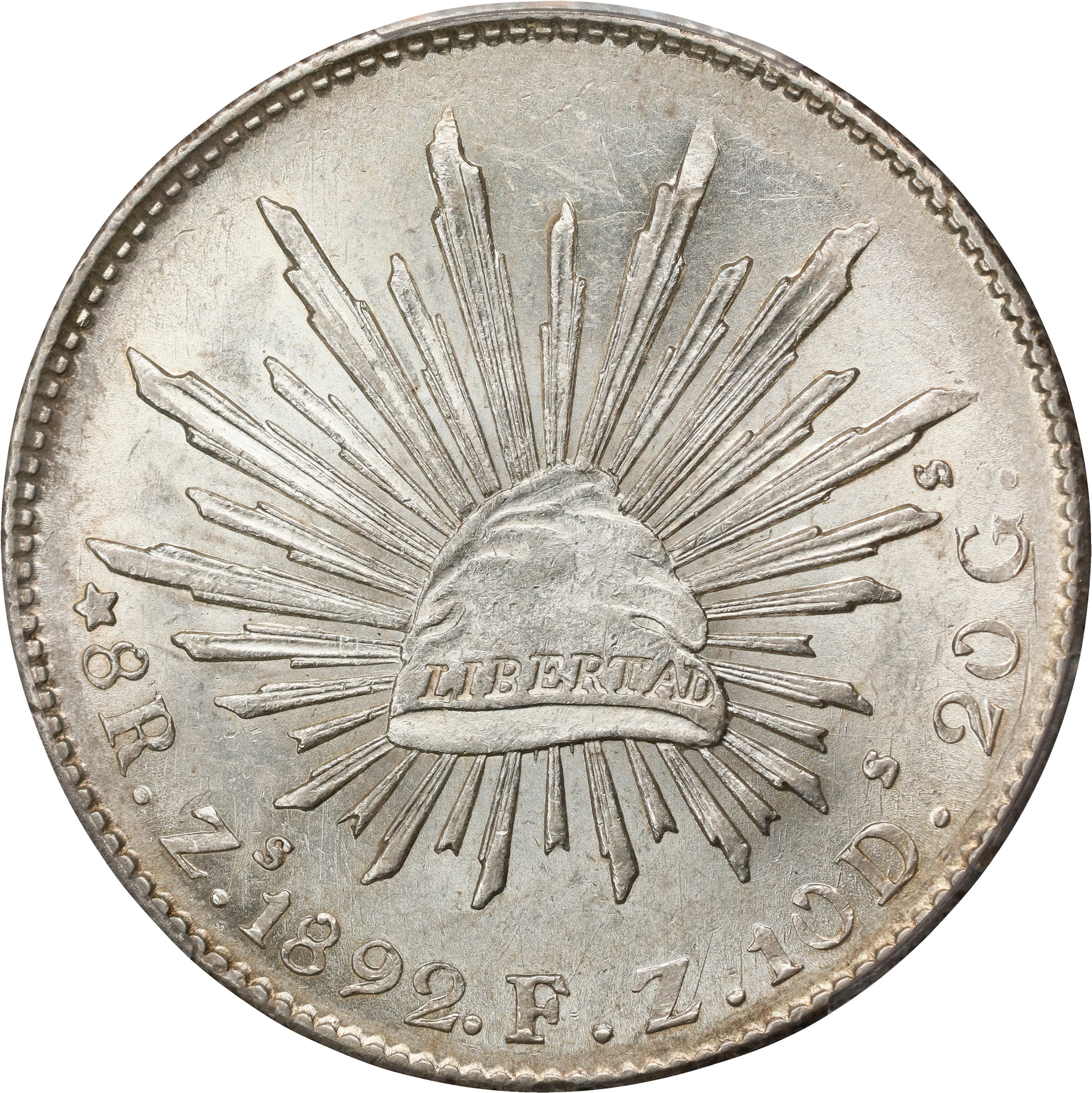 MEXICO. 8 Reales, 1892-Zs FZ. Zacatecas Mint. PCGS MS-61.