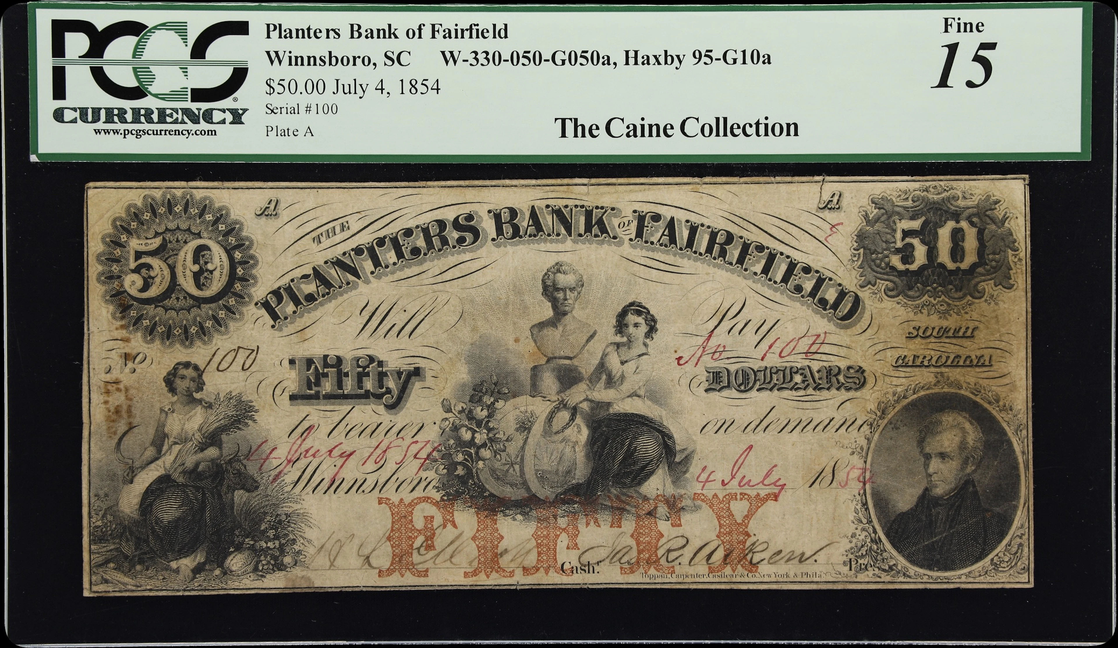 Winnsboro, South Carolina. Planters Bank of Fairfield. 1854 $50. PCGS