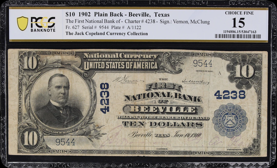 Beeville, Texas. $10 1902 Plain Back. Fr. 627. First NB. Charter #4238.