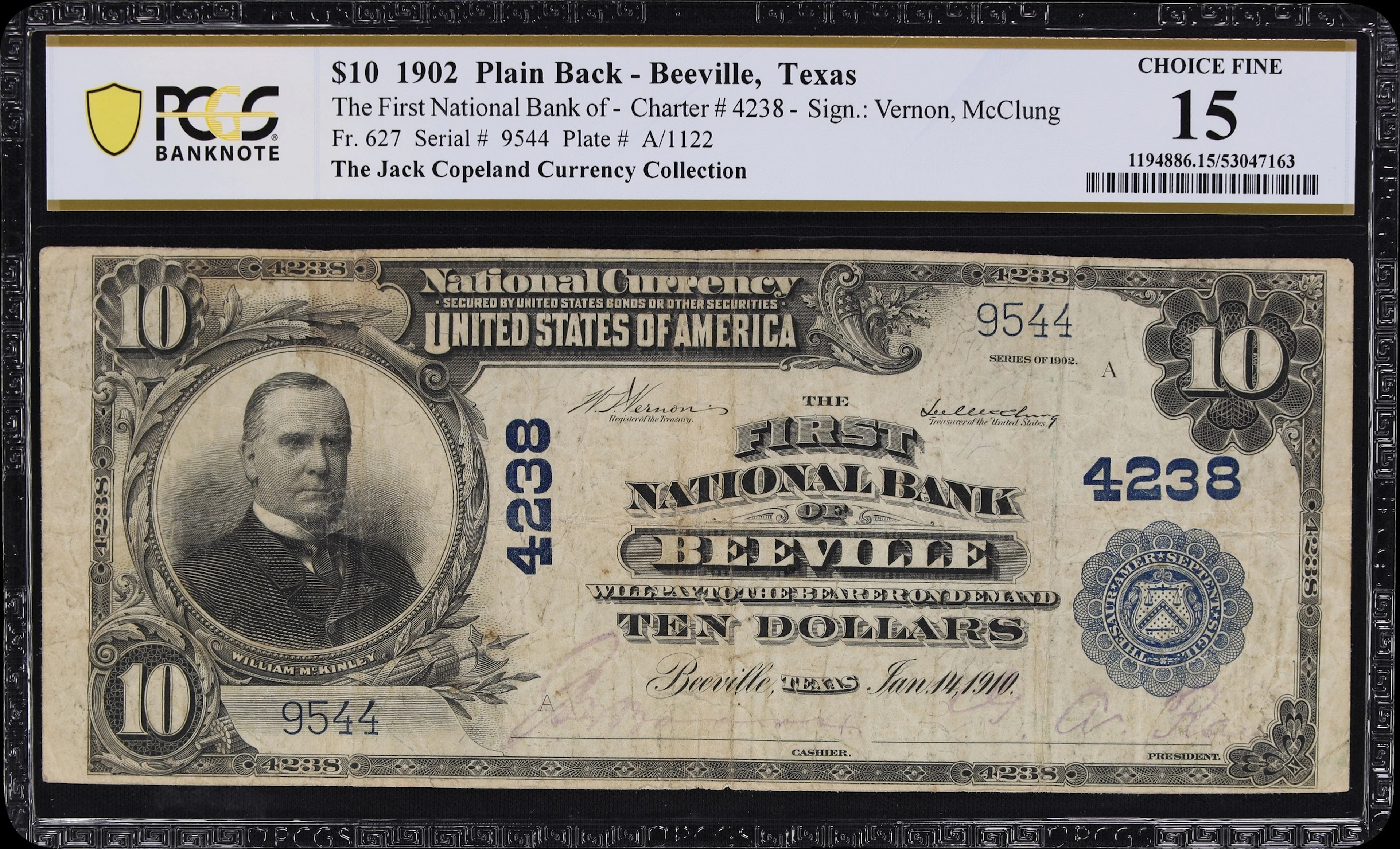 Beeville, Texas. $10 1902 Plain Back. Fr. 627. First NB. Charter #4238.