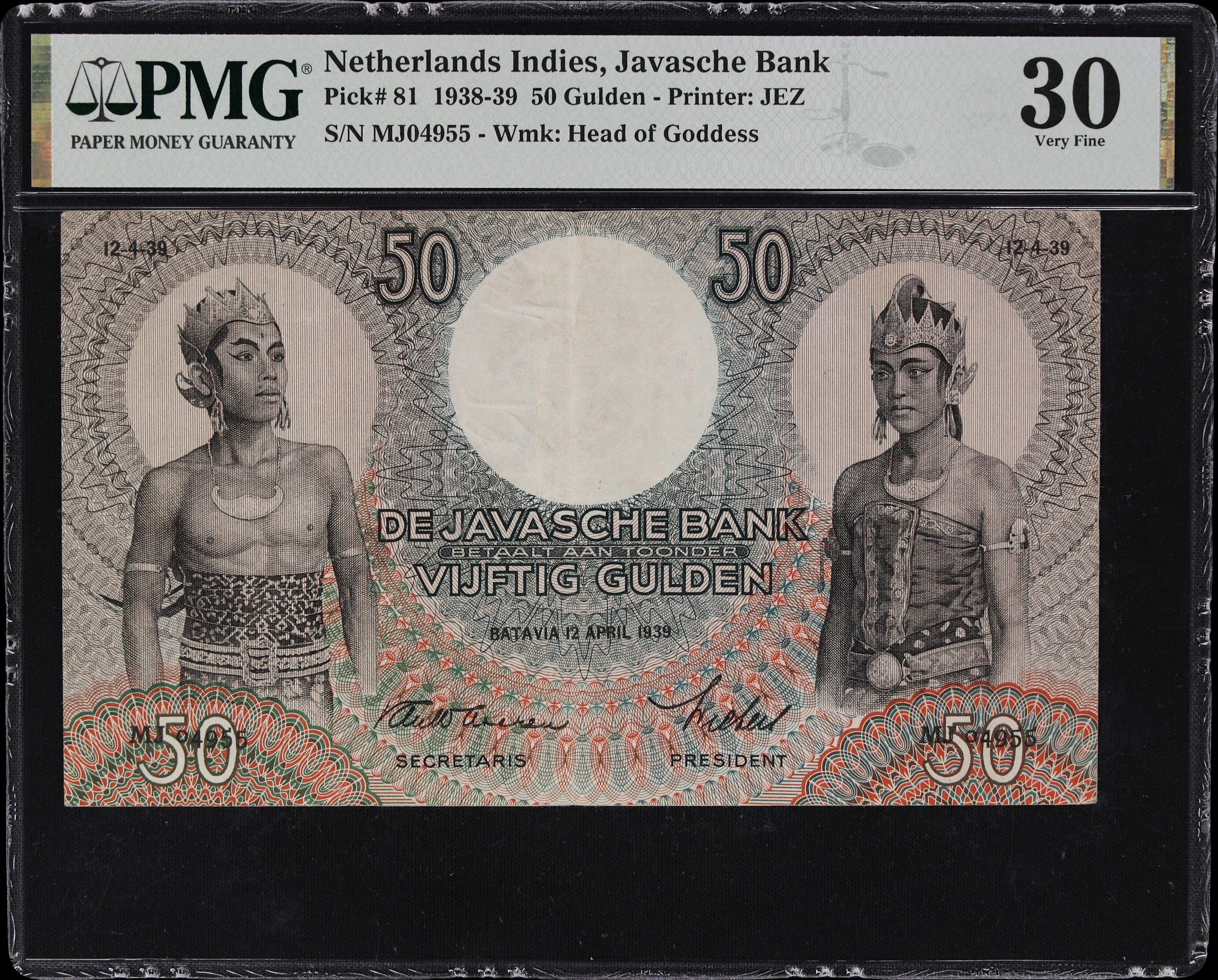 NETHERLANDS INDIES. Javasche Bank. 50 Gulden, 12.4.1939. P-81. PMG