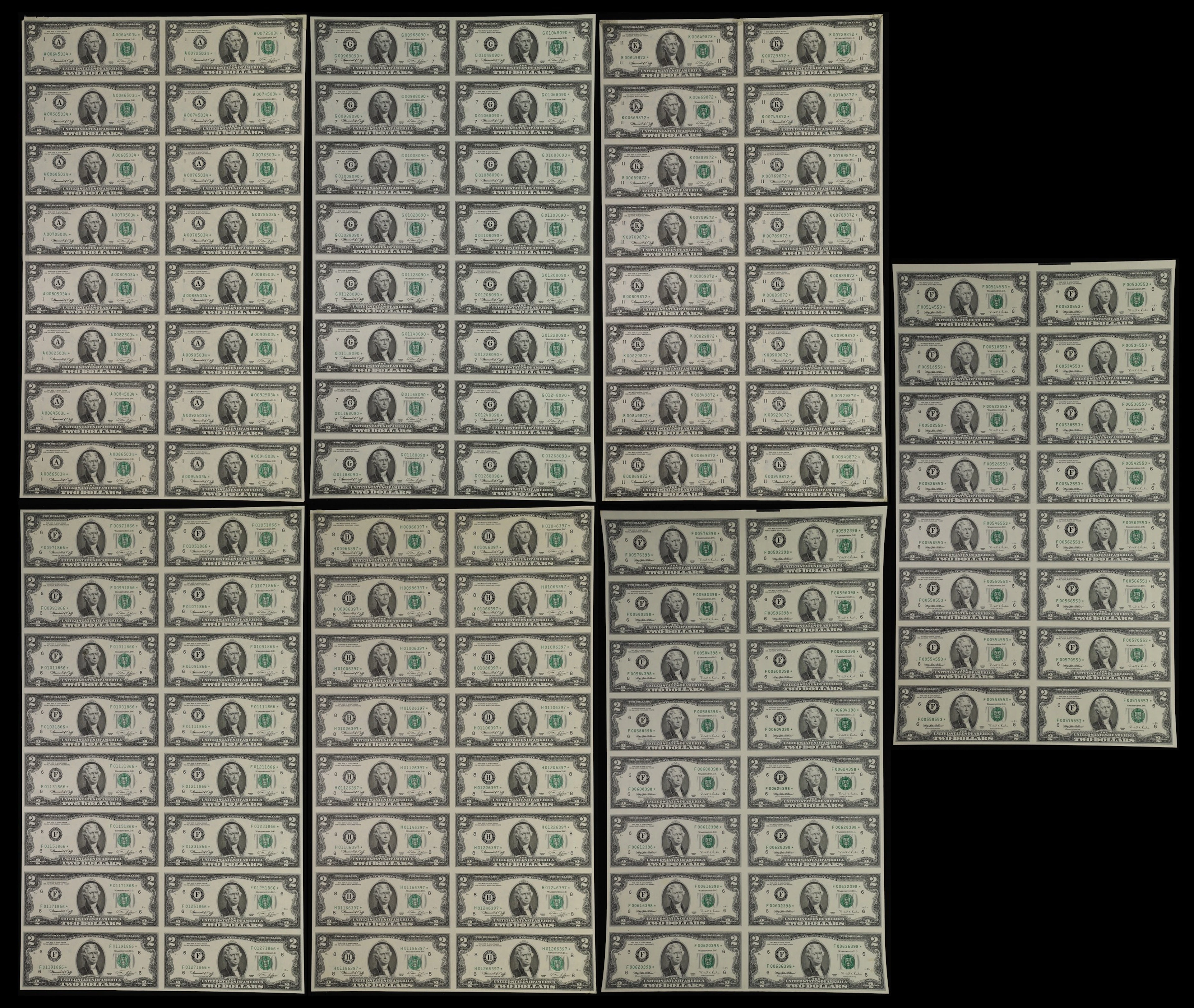 Lot of (7) Uncut Sheets of (16). Fr. 1935-A*, 1935-F*, 1935-G*, 1935-H*