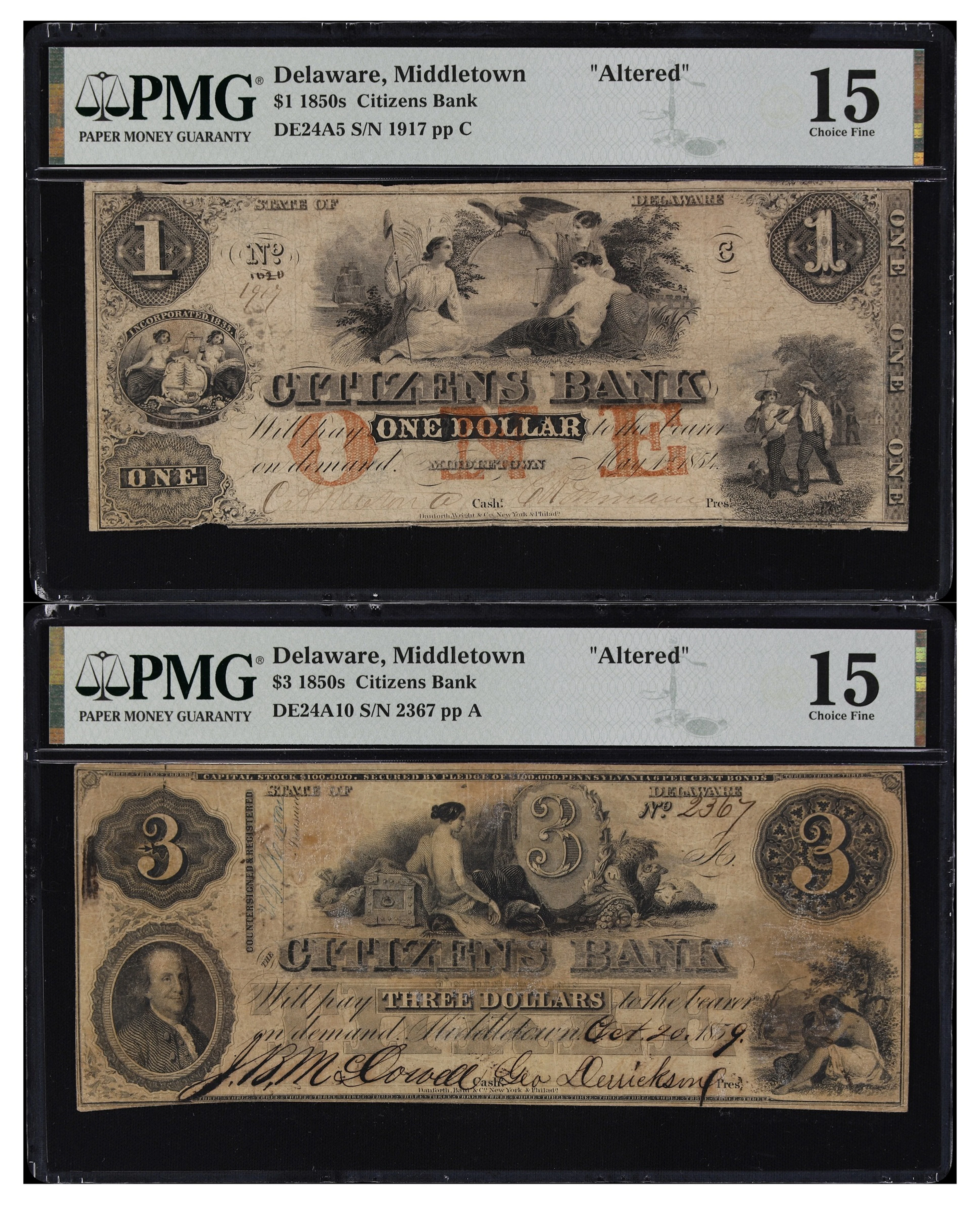 Lot of (2) Middletown, Delaware. Citizens Bank. 1854-59 $1 & $3. PMG