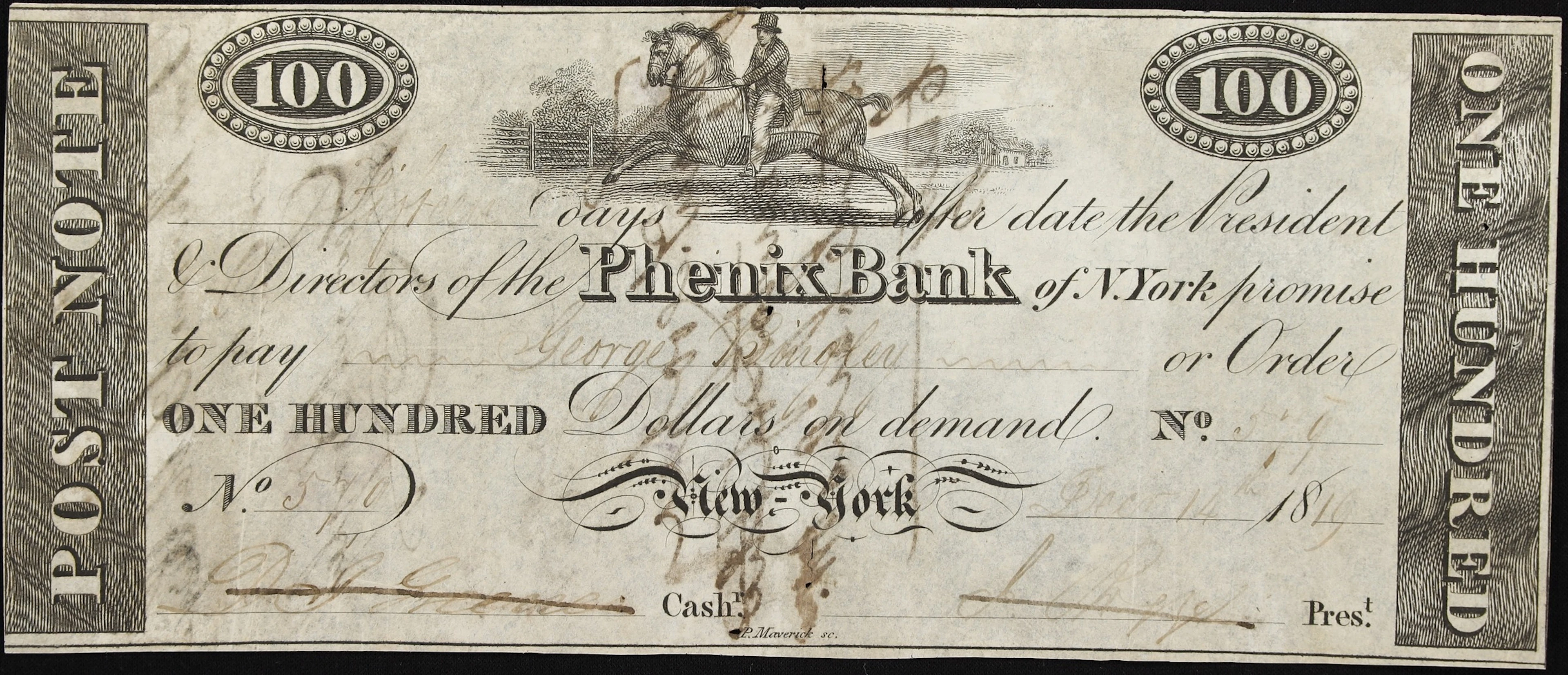 New York, New York. Phenix Bank. 1819 $100. Very Fine.
