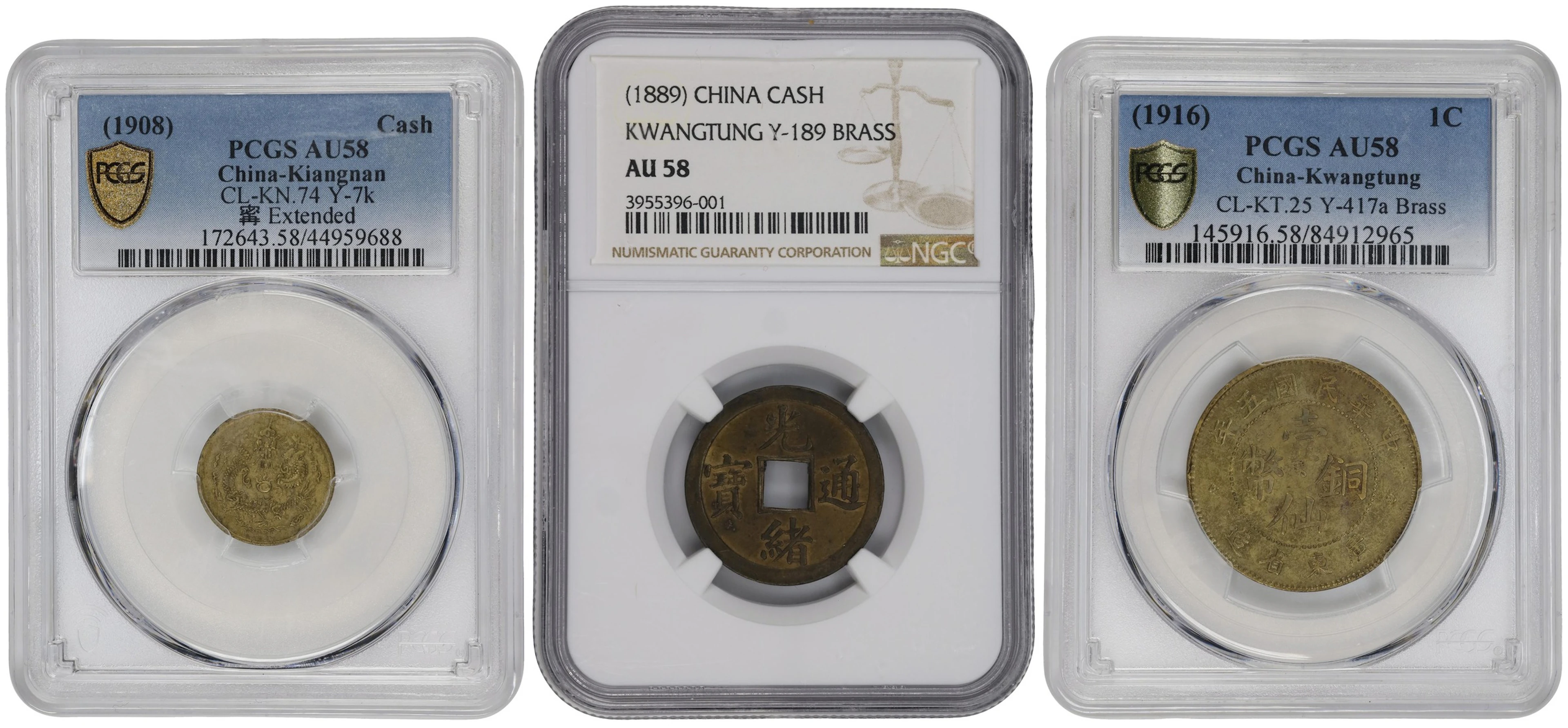 (t) CHINA. Trio of Brass Denominations (3 Pieces), 1889-1916. All