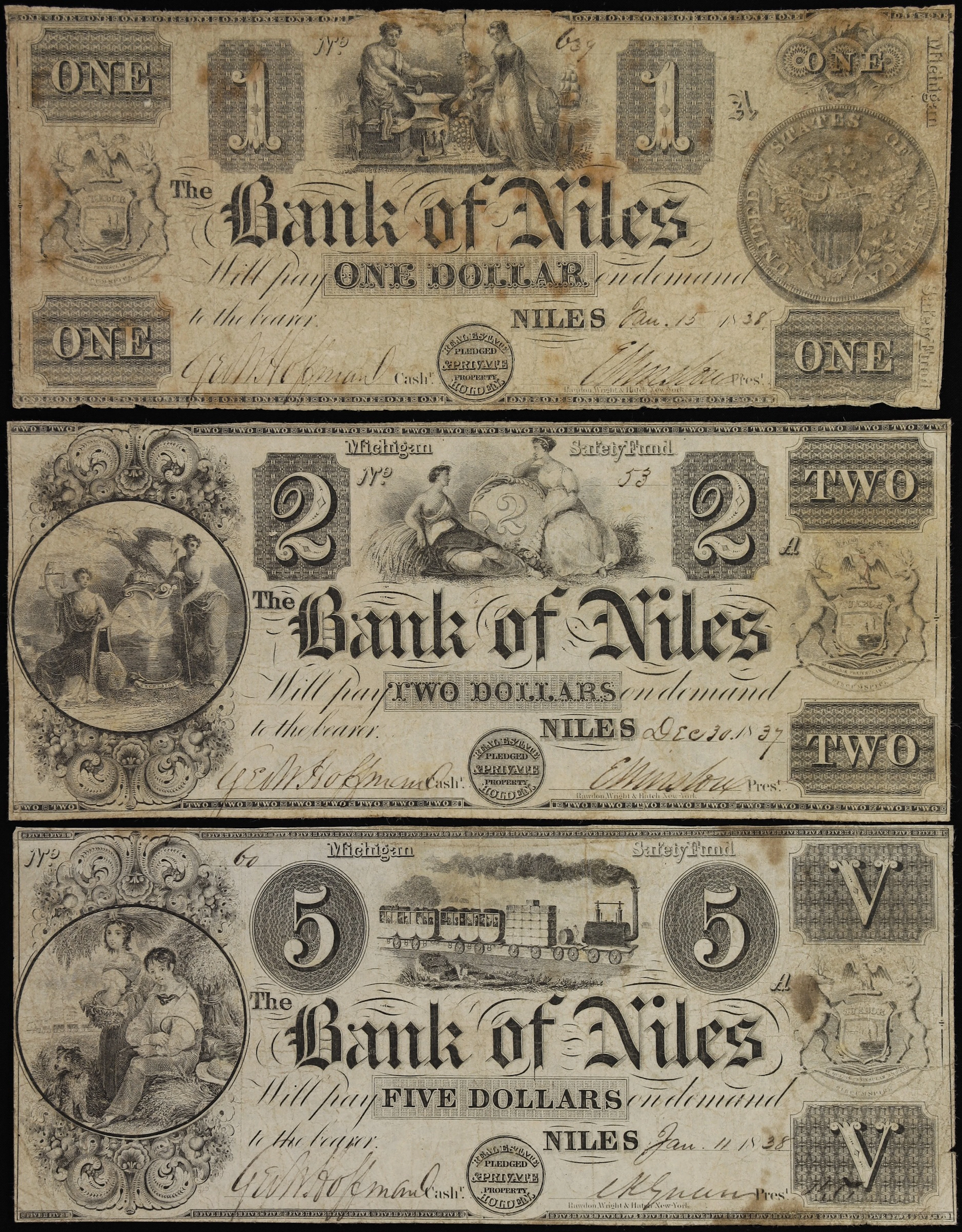 Lot of (3) Niles, Michigan. Bank of Niles. 1837-38 $1, $2 & $5. Fine