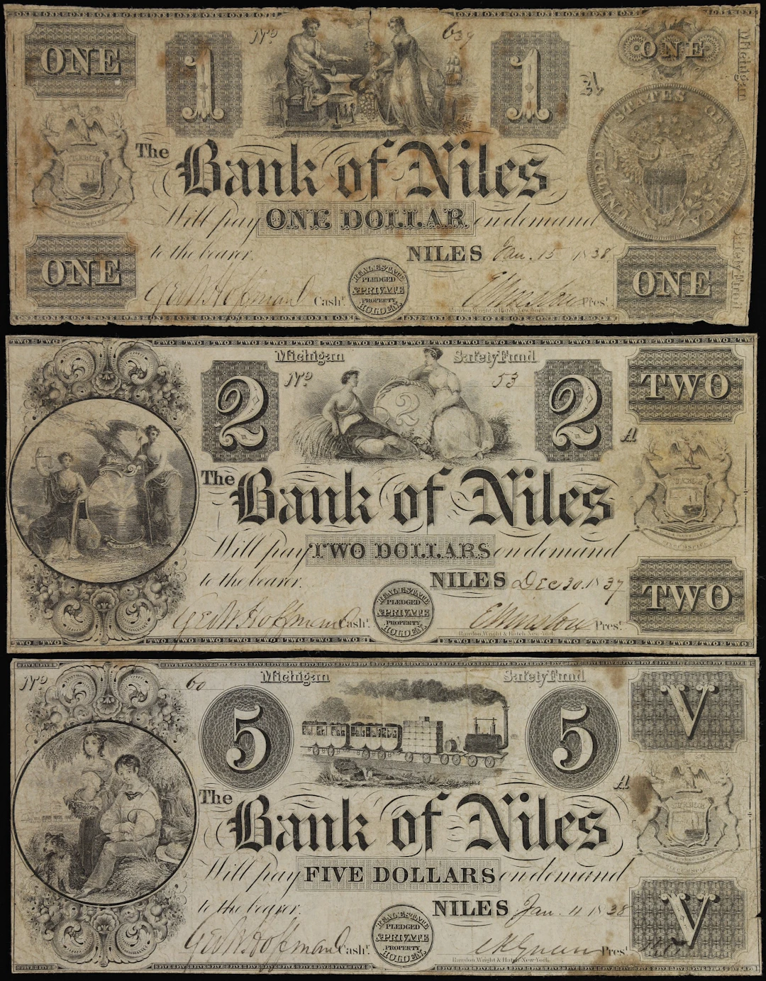 Lot of (3) Niles, Michigan. Bank of Niles. 1837-38 $1, $2 & $5. Fine