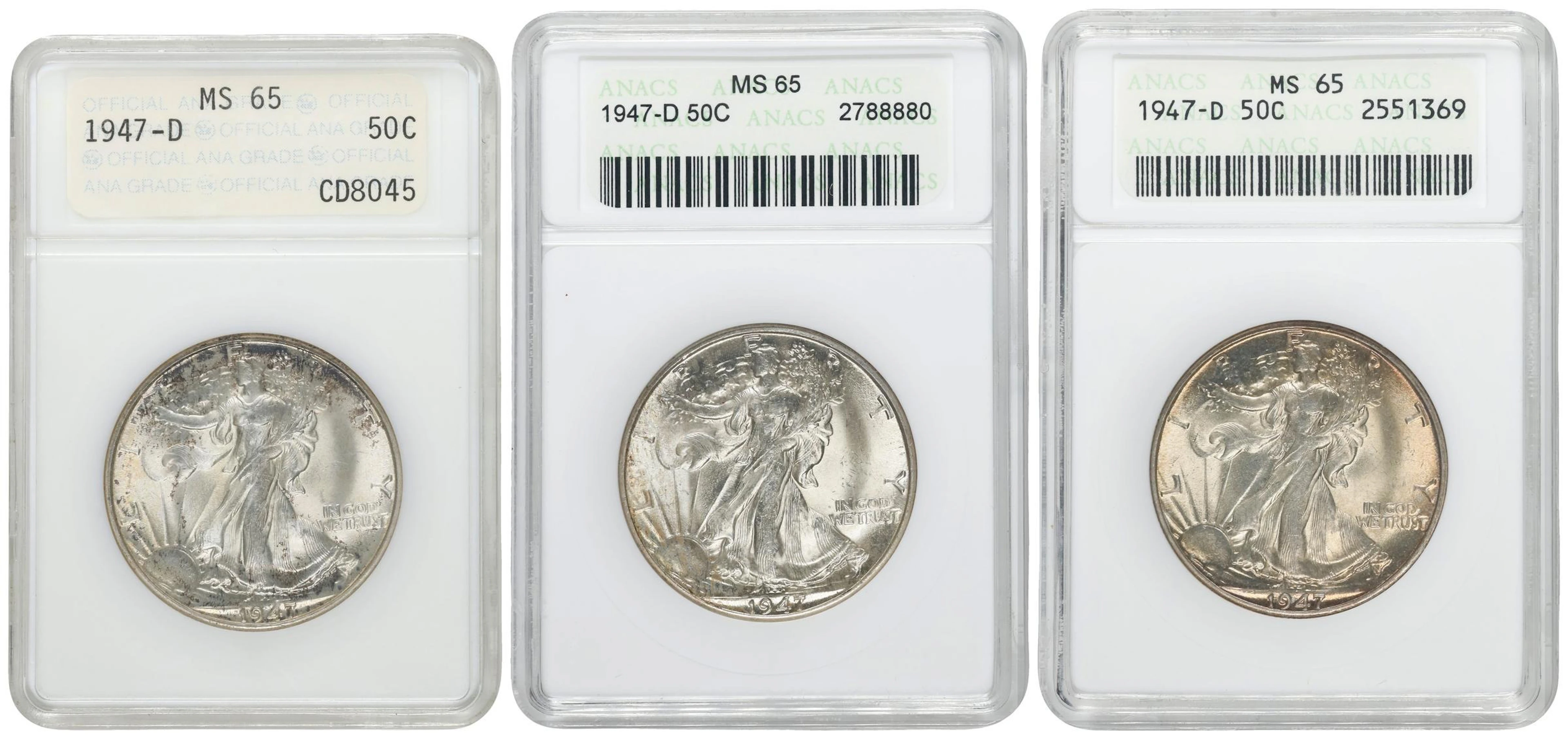 Lot of (3) 1947-D Walking Liberty Half Dollars. MS-65 (ANACS). OH.