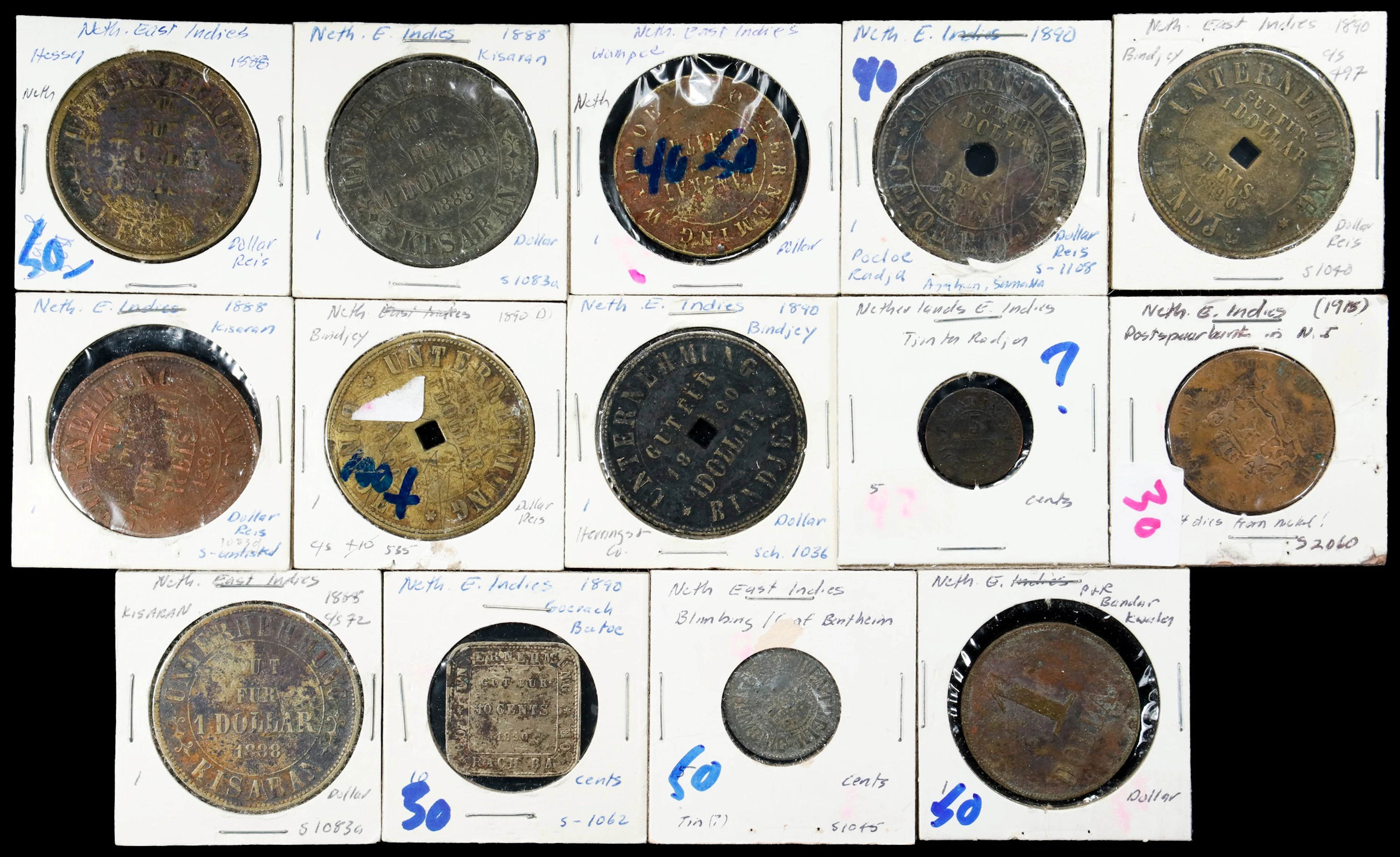 NETHERLANDS EAST INDIES. Group of Plantation Tokens (14 Pieces), 1888-1918.