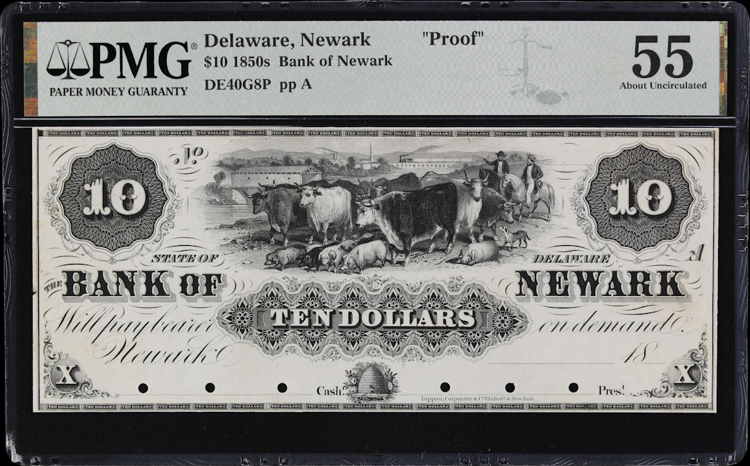 Newark, Delaware. Bank of Newark. 18xx $10. PMG About Uncirculated 55. Proof.