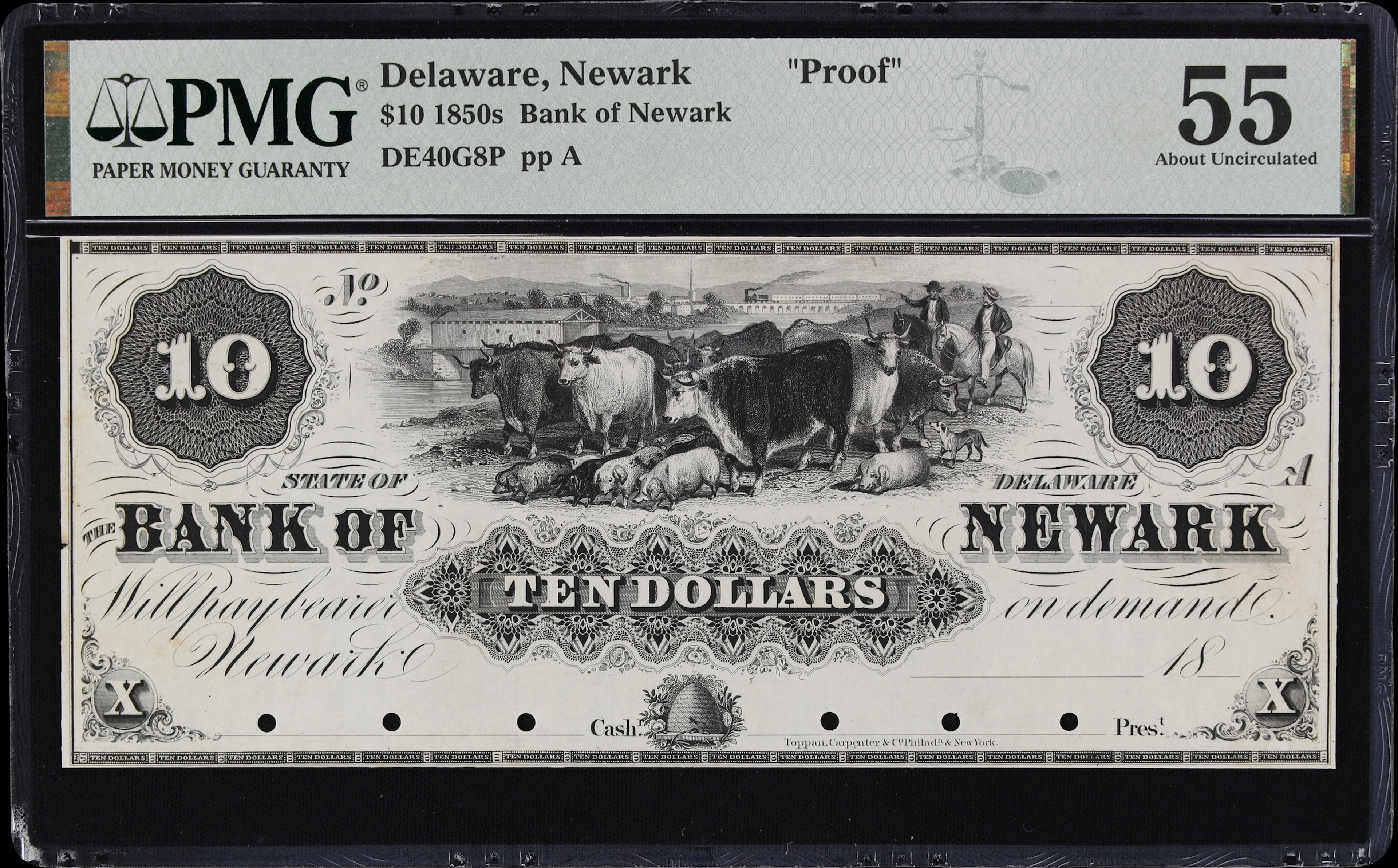 Newark, Delaware. Bank of Newark. 18xx $10. PMG About Uncirculated 55. Proof.