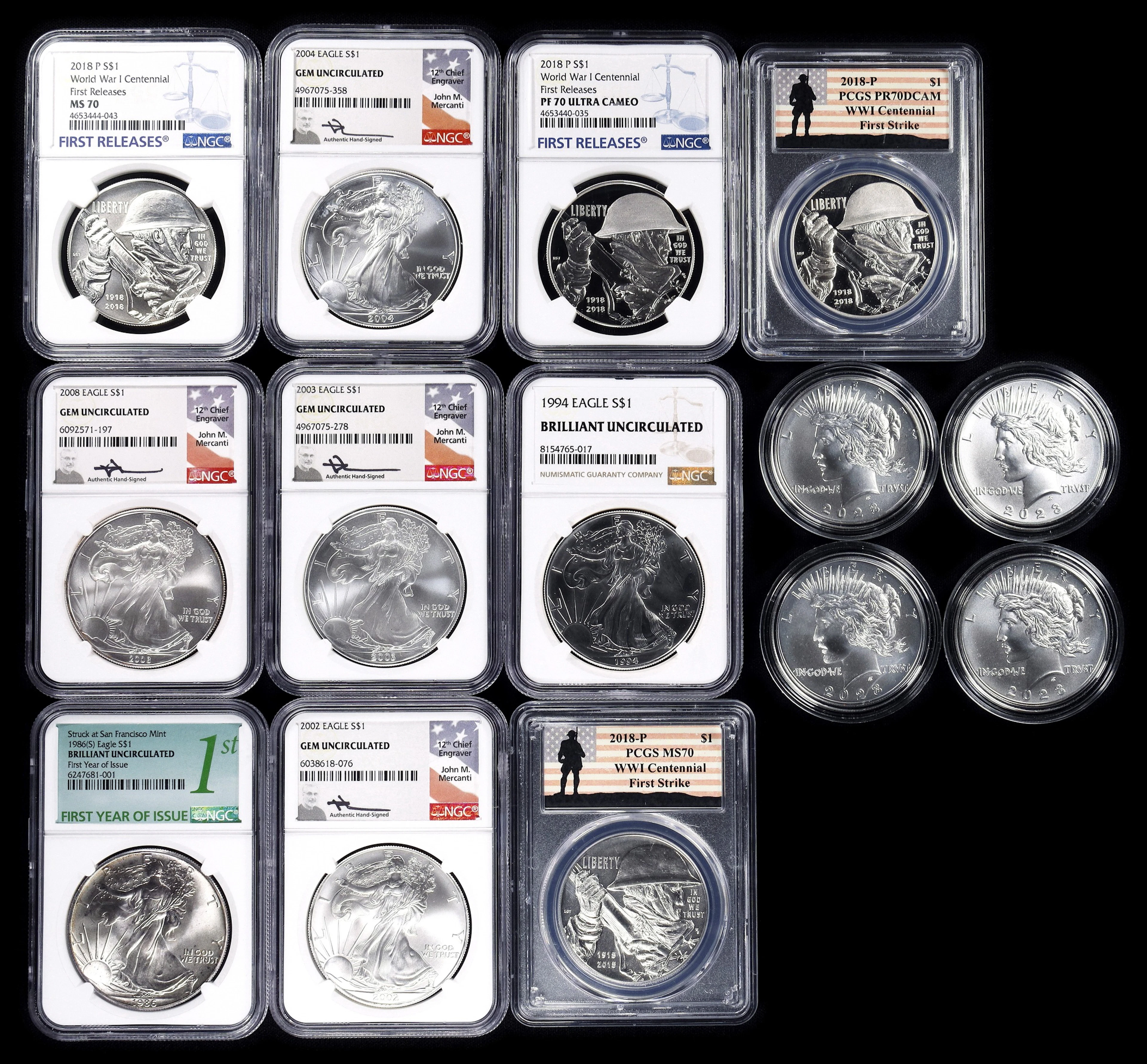 (12.53 oz, 389.721 g ASW). Lot of (14) Mixed Certified and Weight Silver $1.