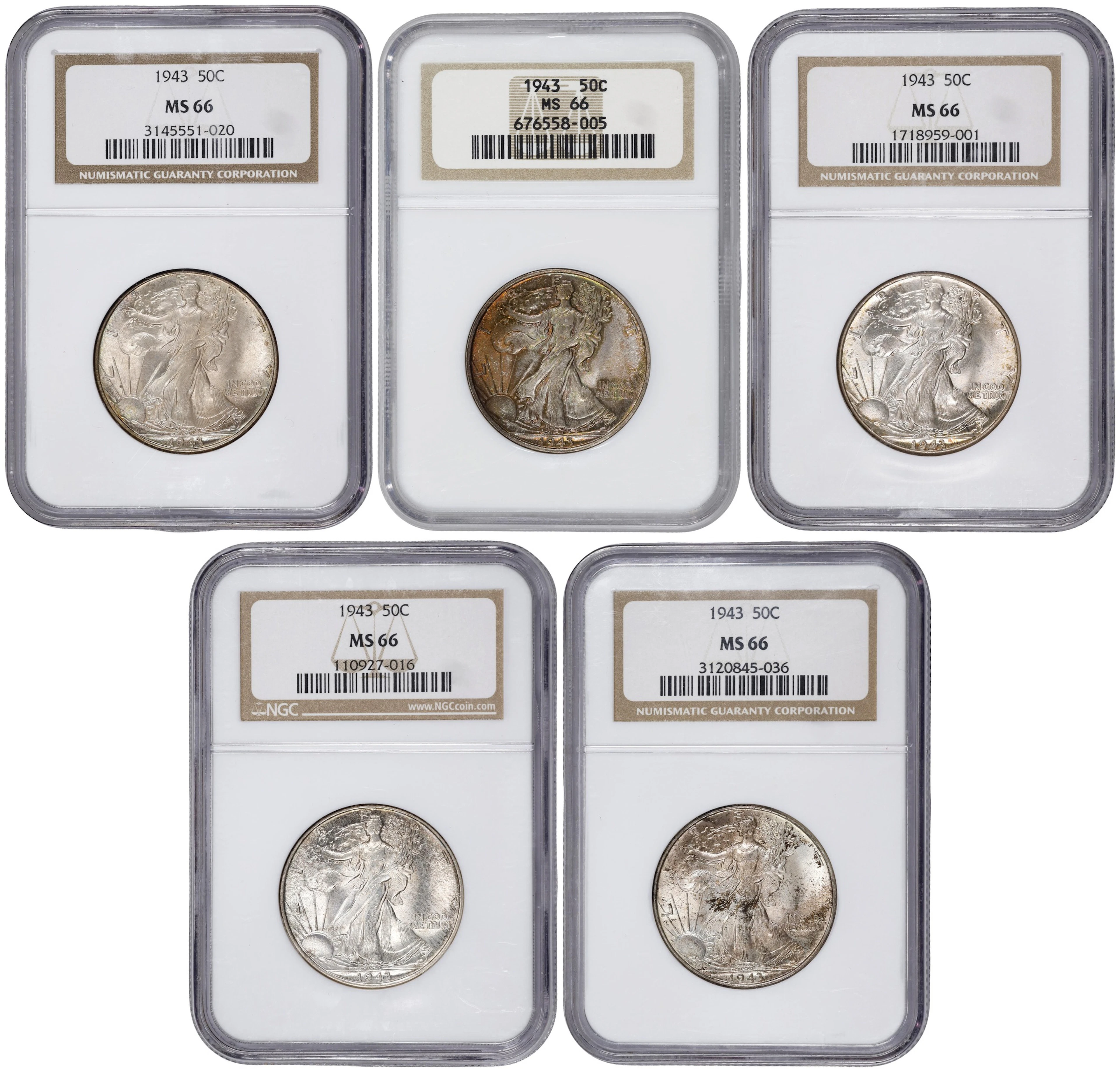 Lot of (5) 1943 Walking Liberty Half Dollars. MS-66 (NGC).