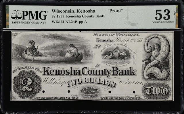 Kenosha, Wisconsin. Kenosha County Bank. 1855 $2. PMG About Uncirculated