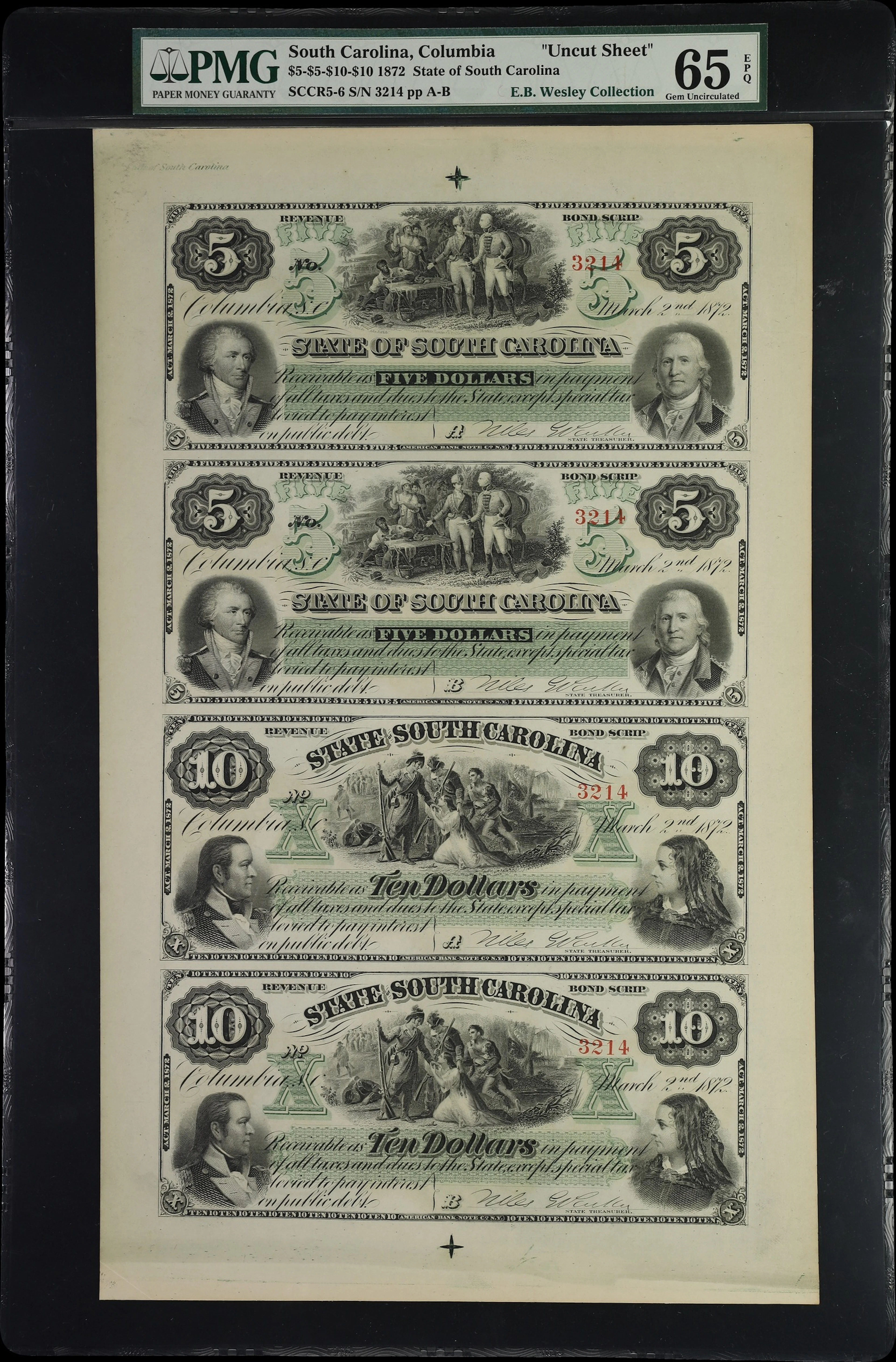 Uncut Sheet of (4) Columbia, South Carolina. State of South Carolina.