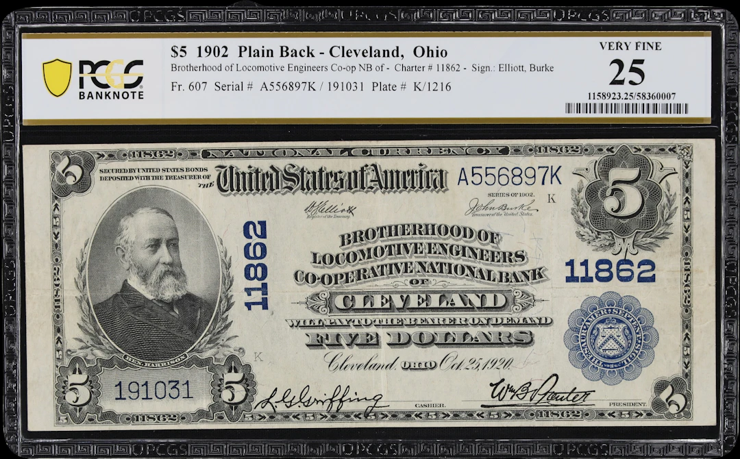 Cleveland, Ohio. $5 1902 Plain Back. Fr. 607. Brotherhood of Locomotive