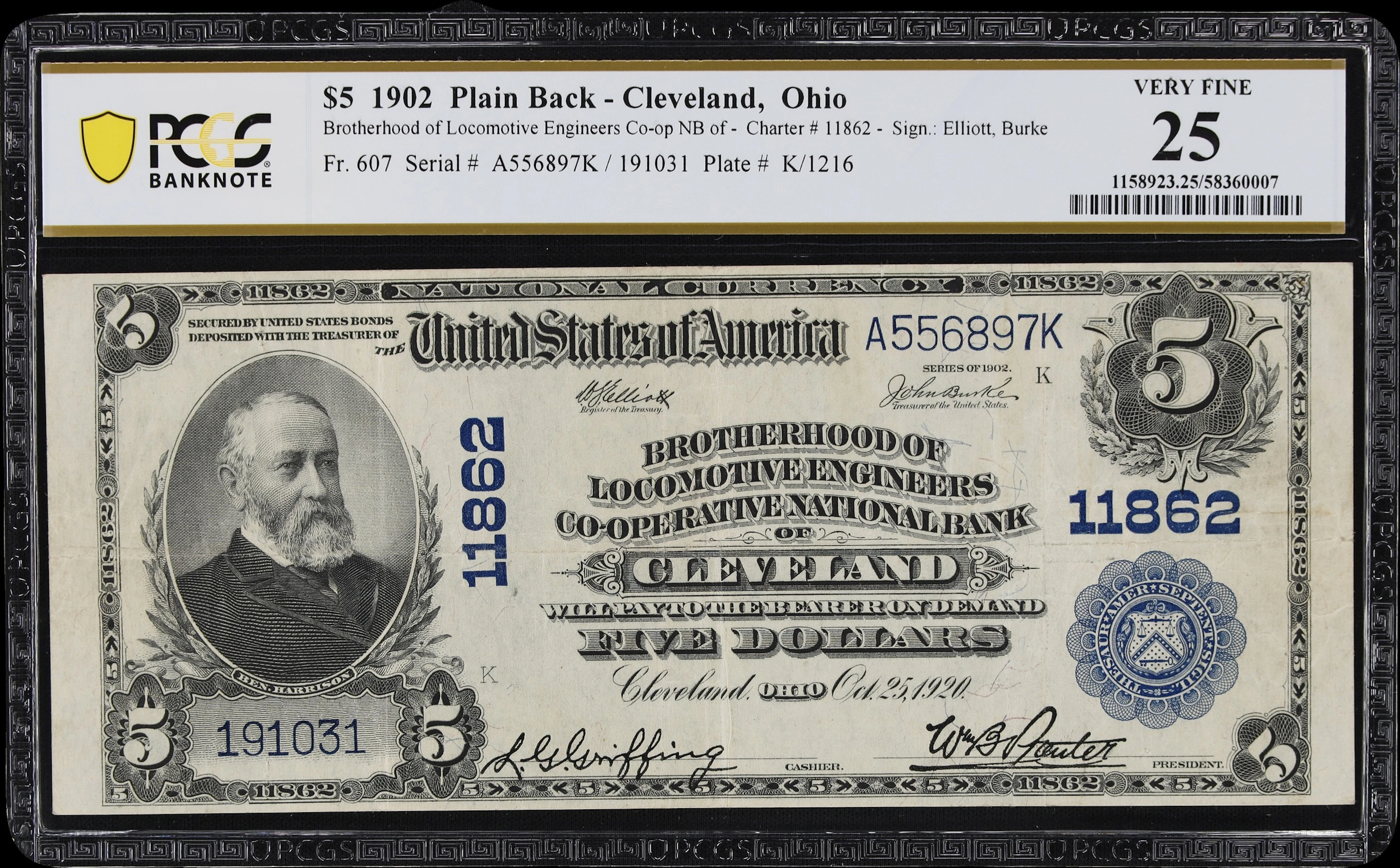 Cleveland, Ohio. $5 1902 Plain Back. Fr. 607. Brotherhood of Locomotive