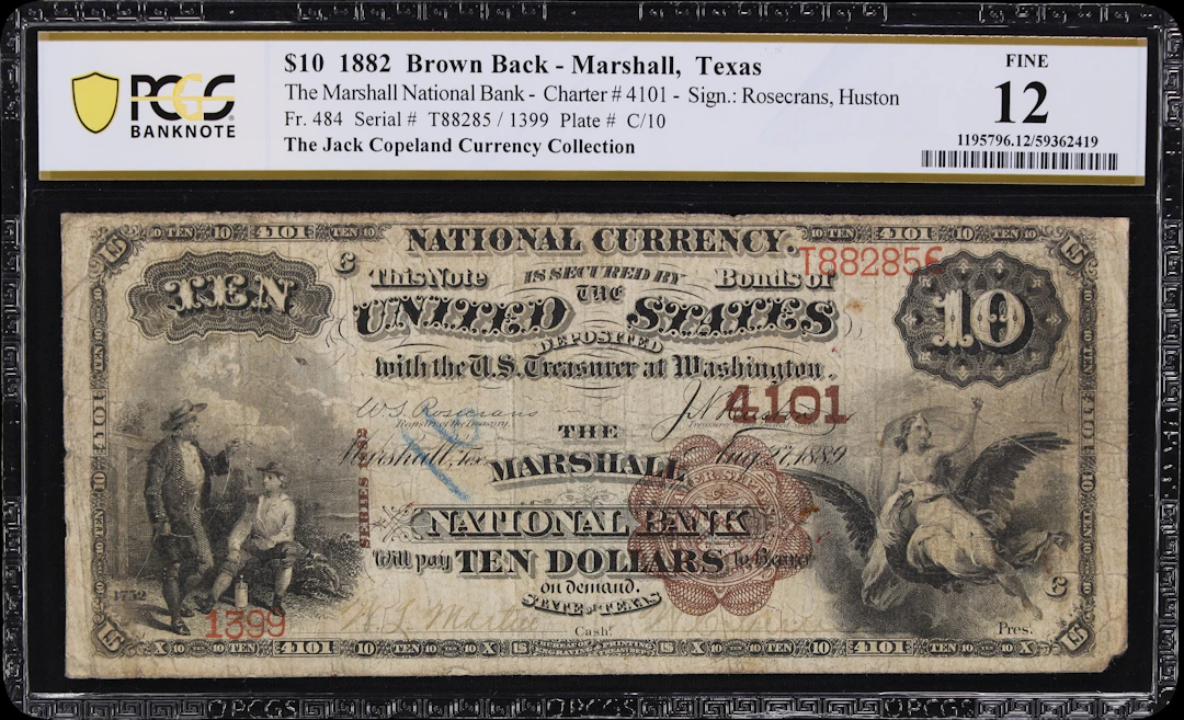 Marshall, Texas. $10 1882 Brown Back. Fr. 484. Marshall NB. Charter