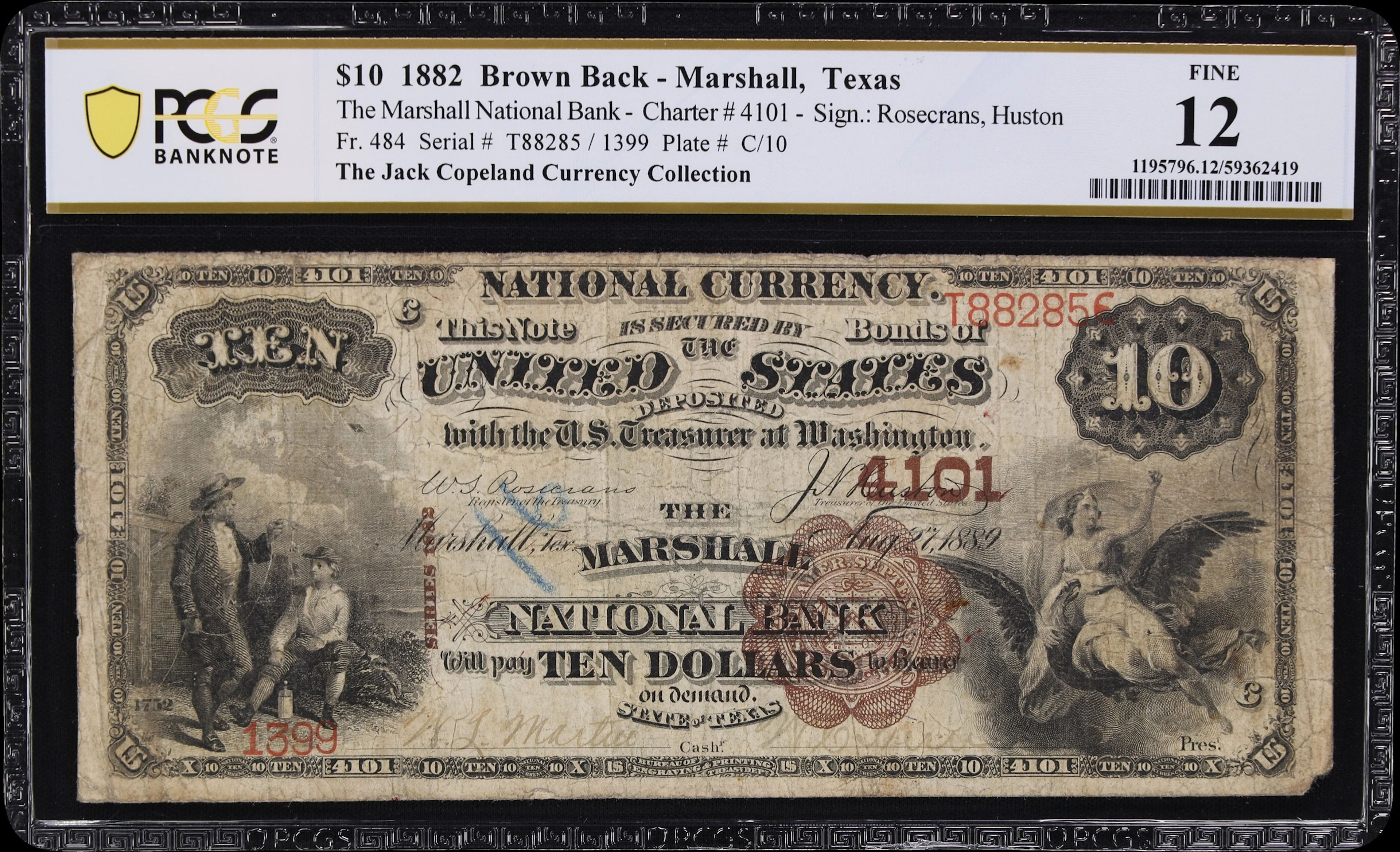 Marshall, Texas. $10 1882 Brown Back. Fr. 484. Marshall NB. Charter