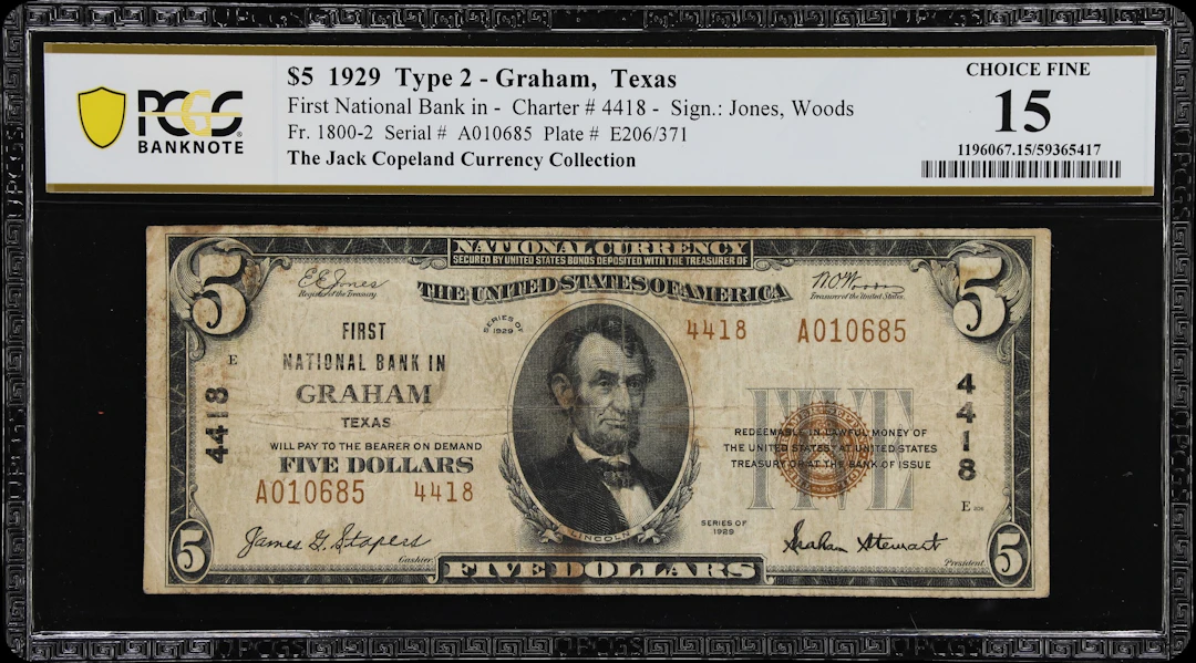 Graham, Texas. $5 1929 Ty. 2. Fr. 1800-2. First NB. Charter #4418.