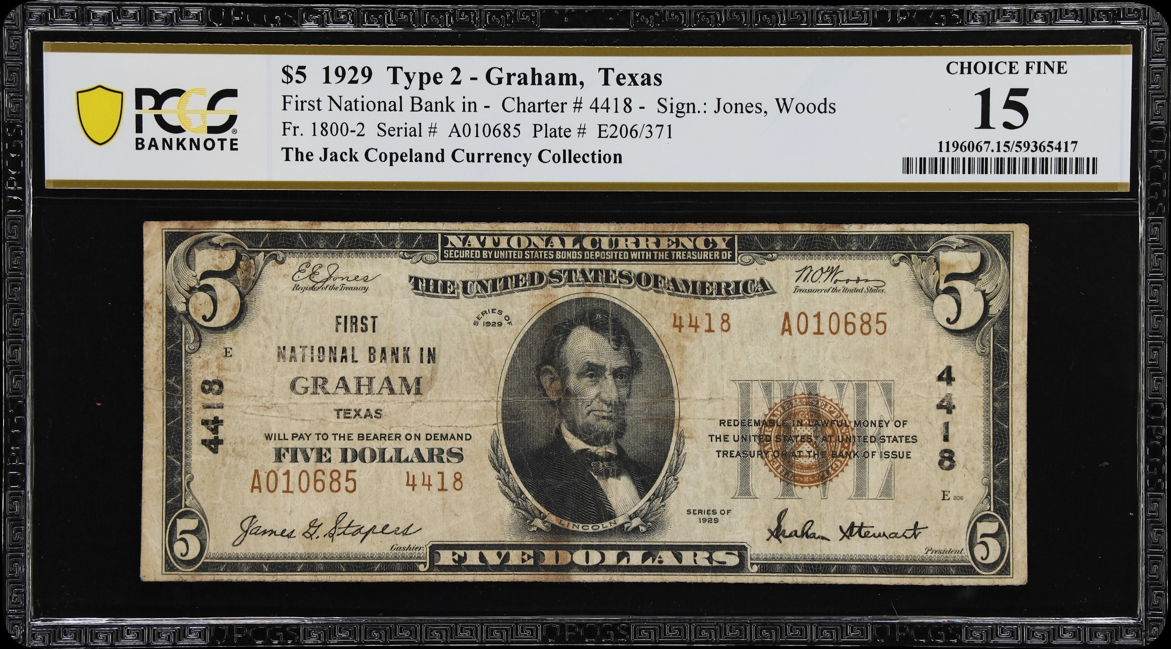 Graham, Texas. $5 1929 Ty. 2. Fr. 1800-2. First NB. Charter #4418.