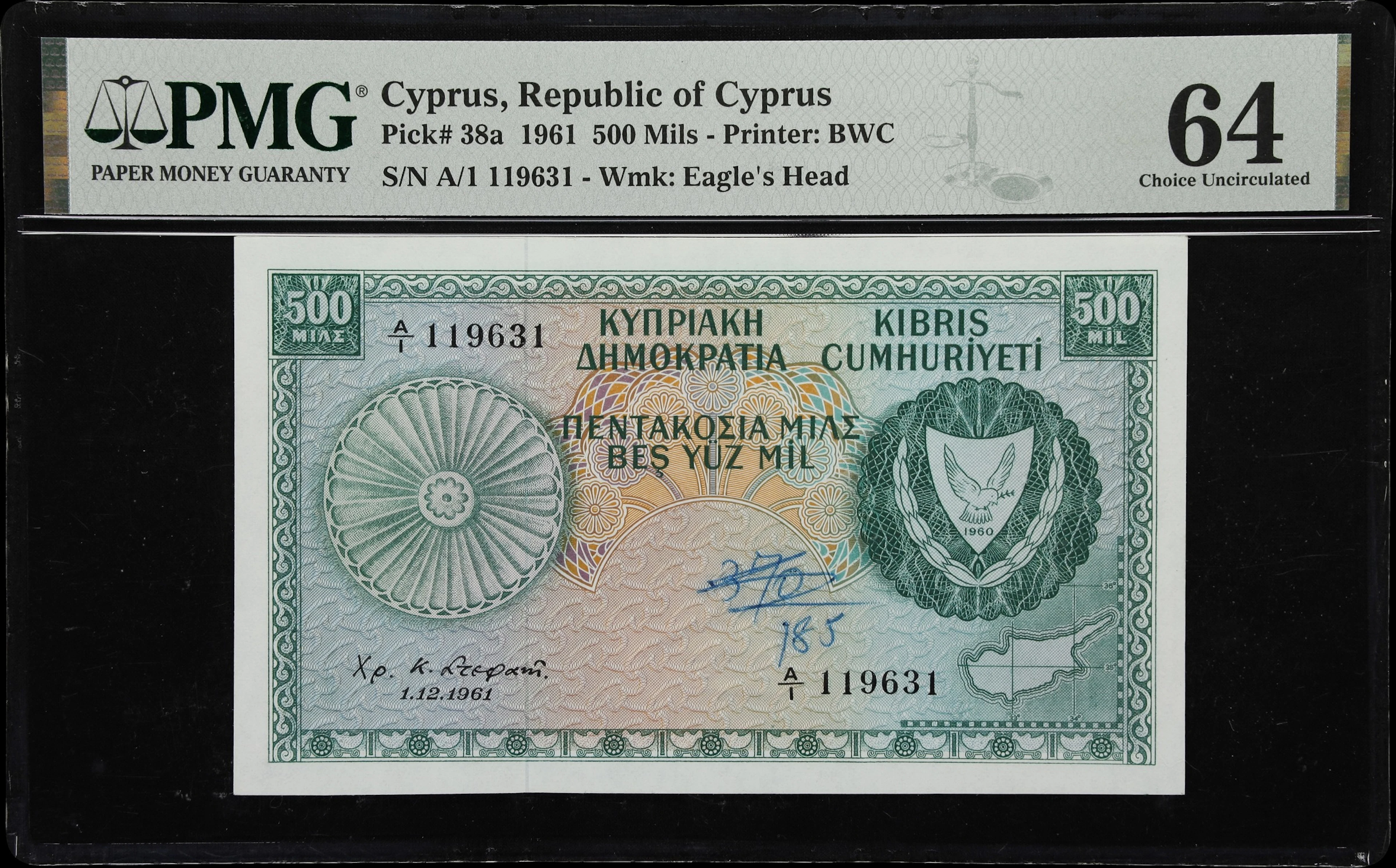 CYPRUS. Republic of Cyprus. 500 Mils, 1.12.1961. P-38a. PMG Choice