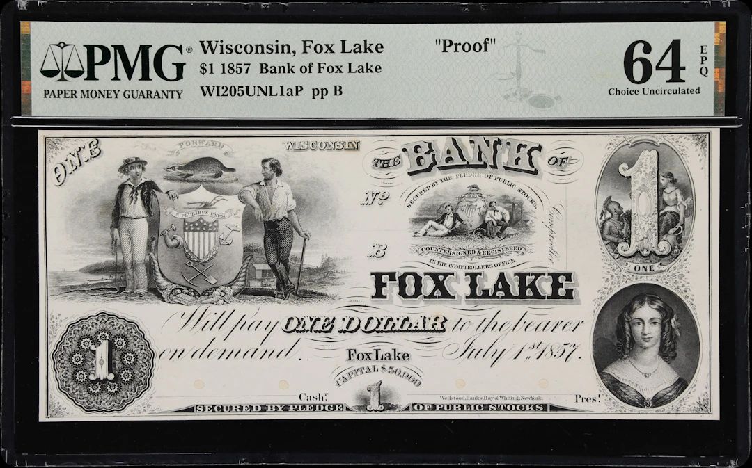 Fox Lake, Wisconsin. Bank of Fox Lake. 1857 $1. PMG Choice Uncirculated