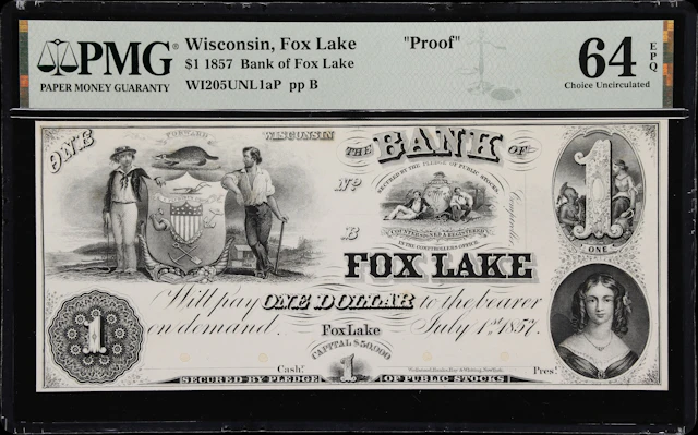 Fox Lake, Wisconsin. Bank of Fox Lake. 1857 $1. PMG Choice Uncirculated