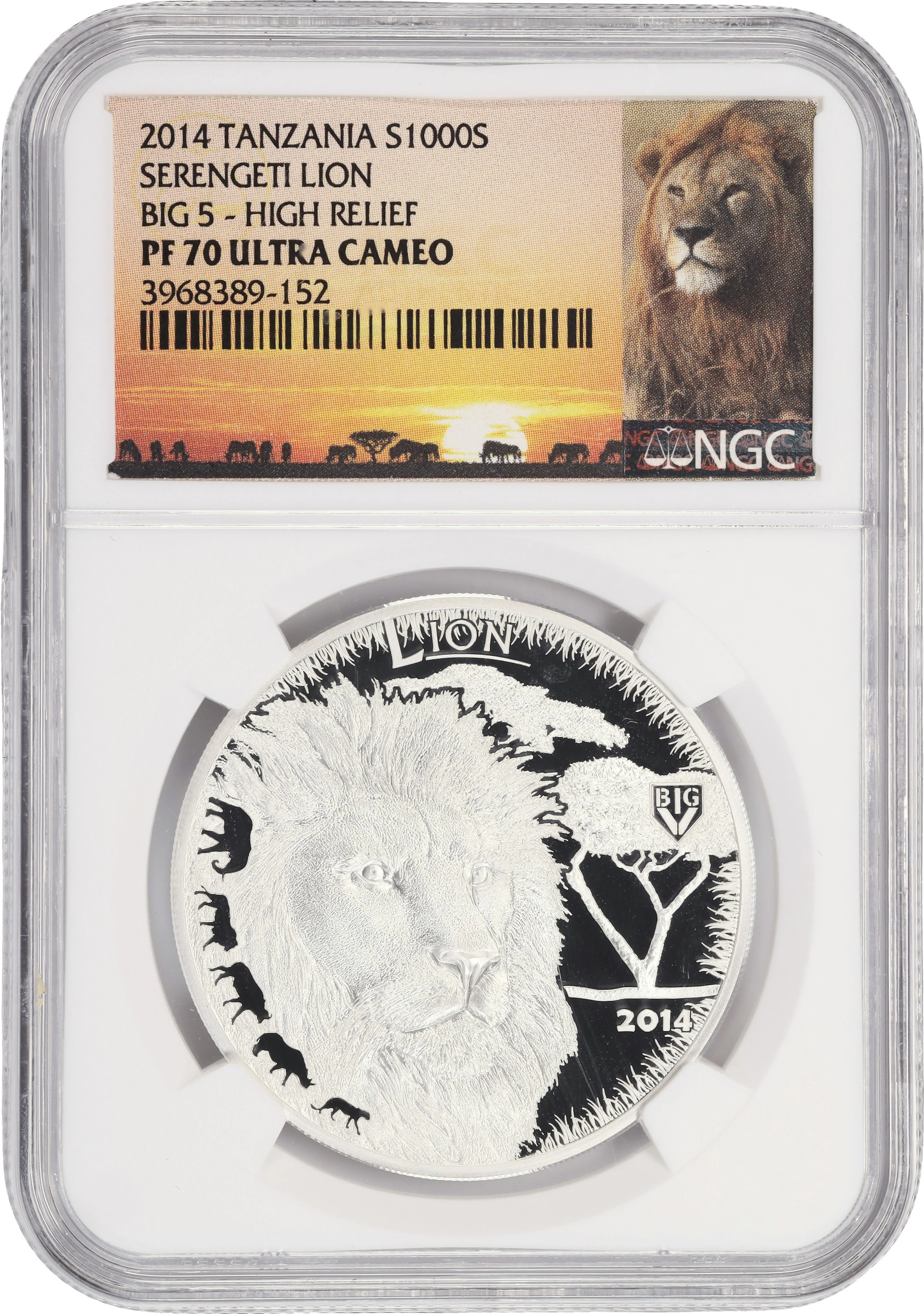 (1 oz, 31.104 g ASW). Tanzania. 2014 1 oz Serengeti Lion Silver 1,000