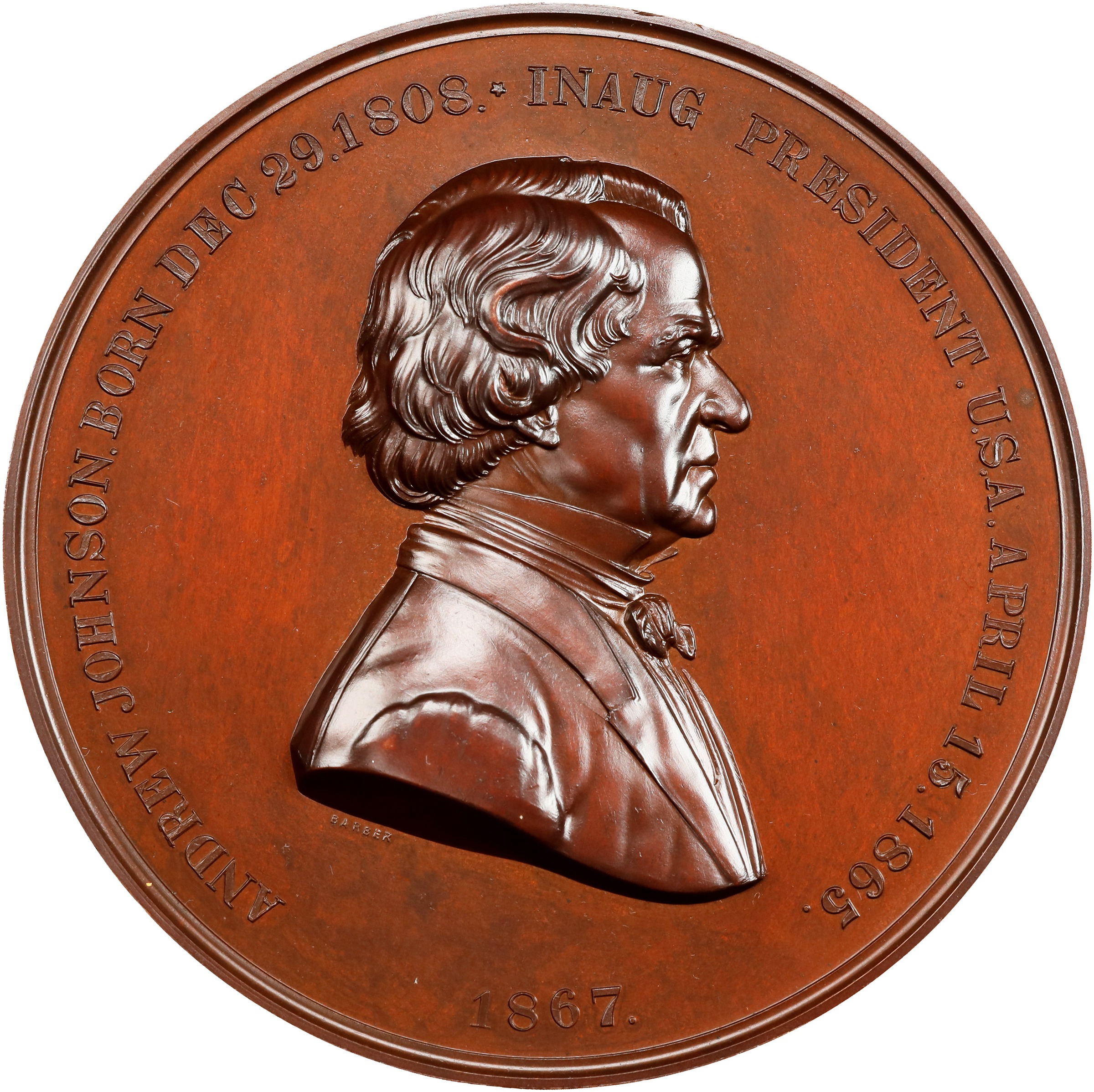 1867 Andrew Johnson Presidential Medal. Julian PR-13. Copper, Bronzed.