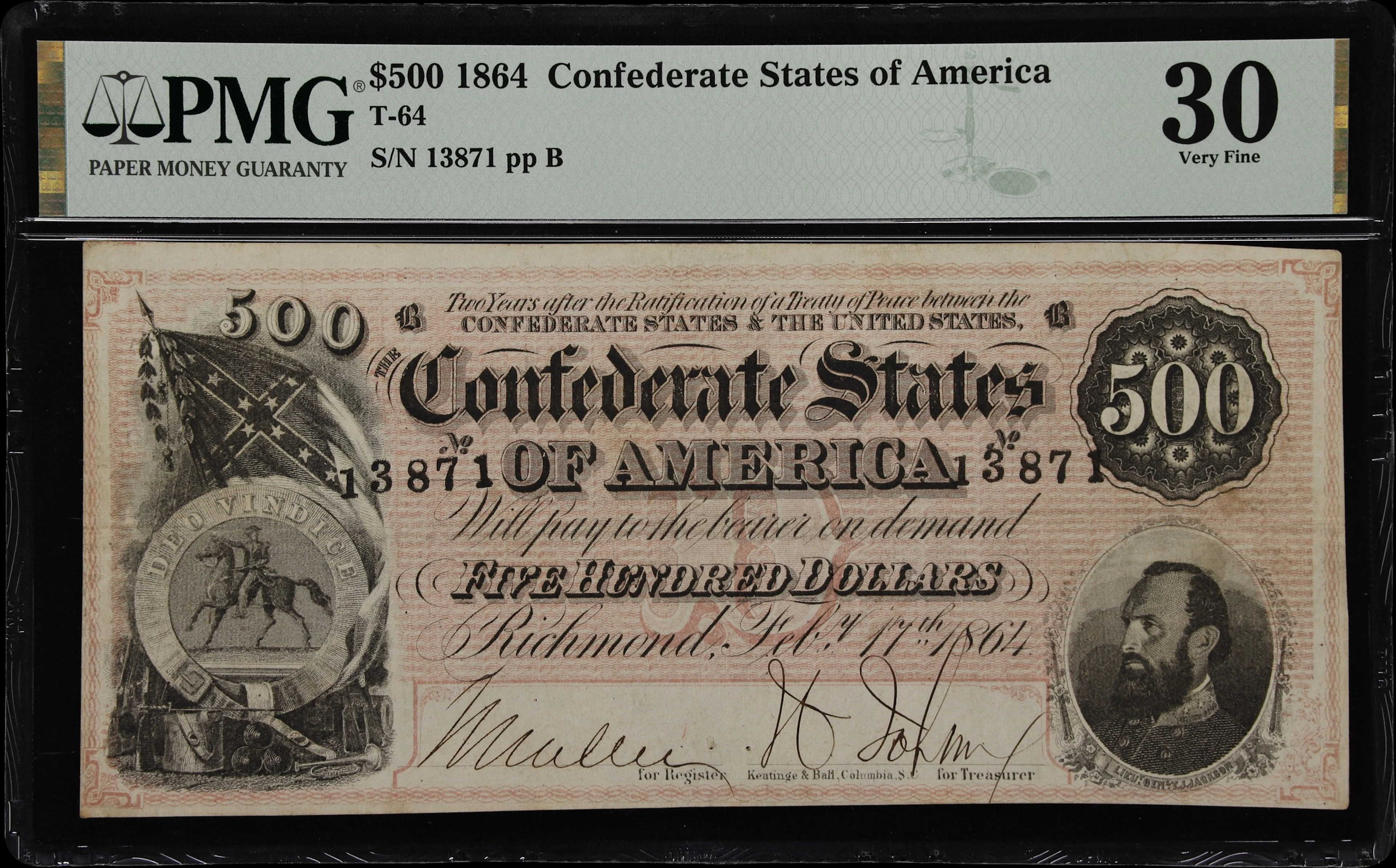T-64. Confederate Currency. 1864 $500. PMG Very Fine 30.
