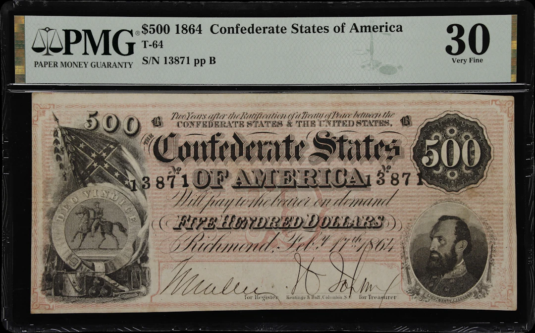 T-64. Confederate Currency. 1864 $500. PMG Very Fine 30.