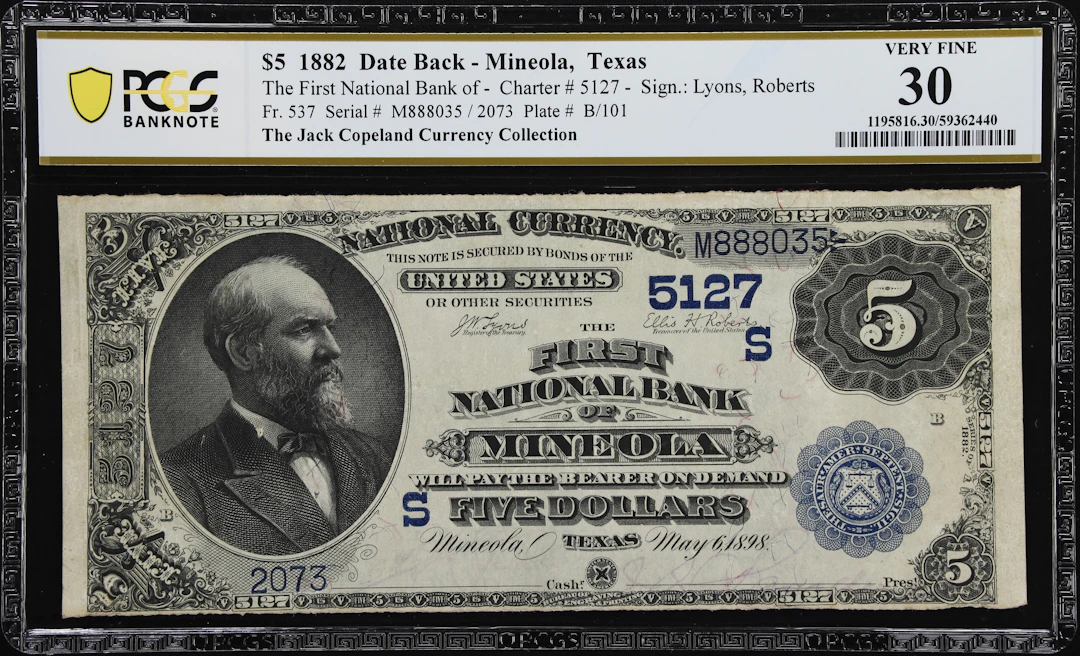 Mineola, Texas. $5 1882 Date Back. Fr. 537. First NB. Charter #5127.