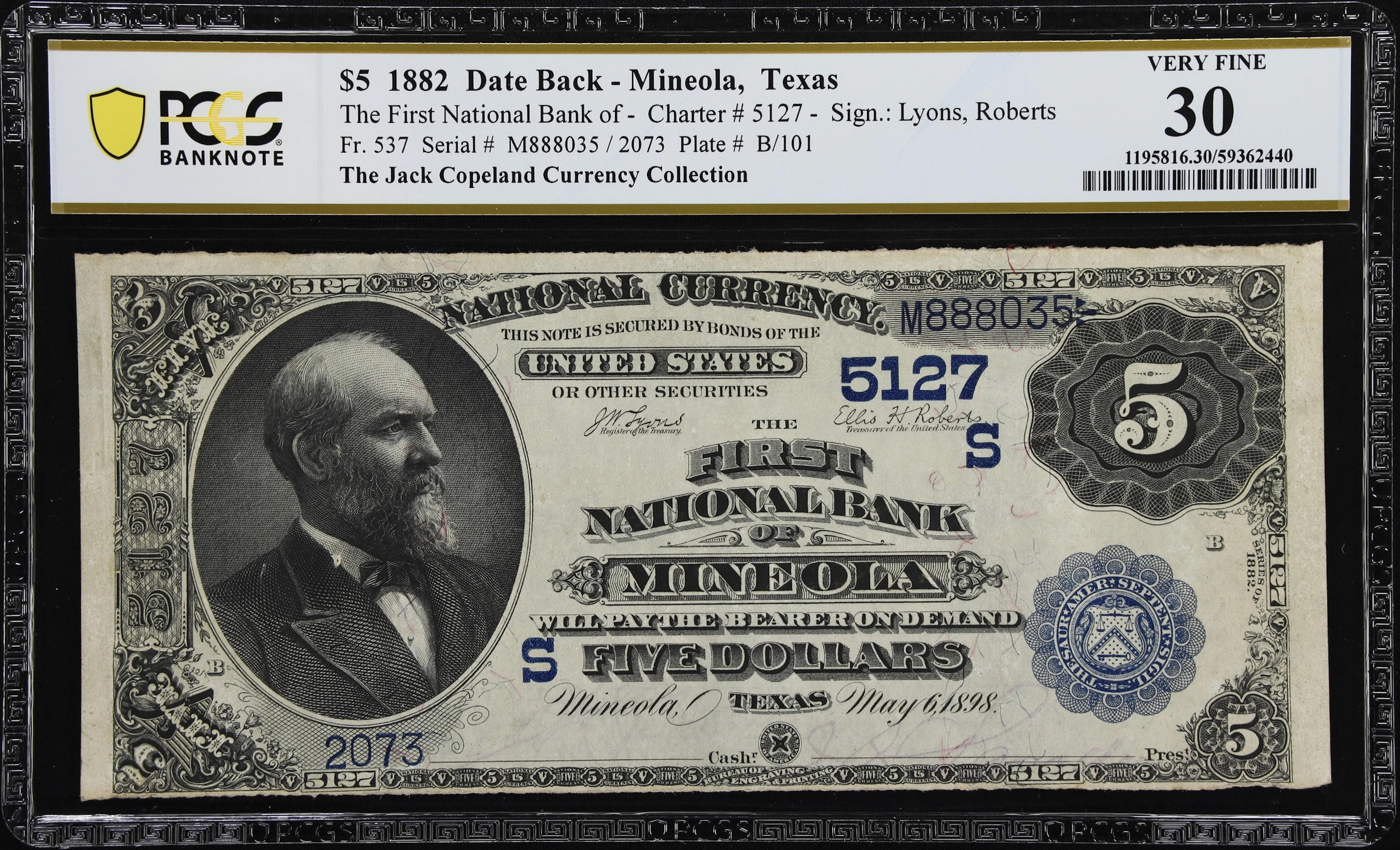 Mineola, Texas. $5 1882 Date Back. Fr. 537. First NB. Charter #5127.