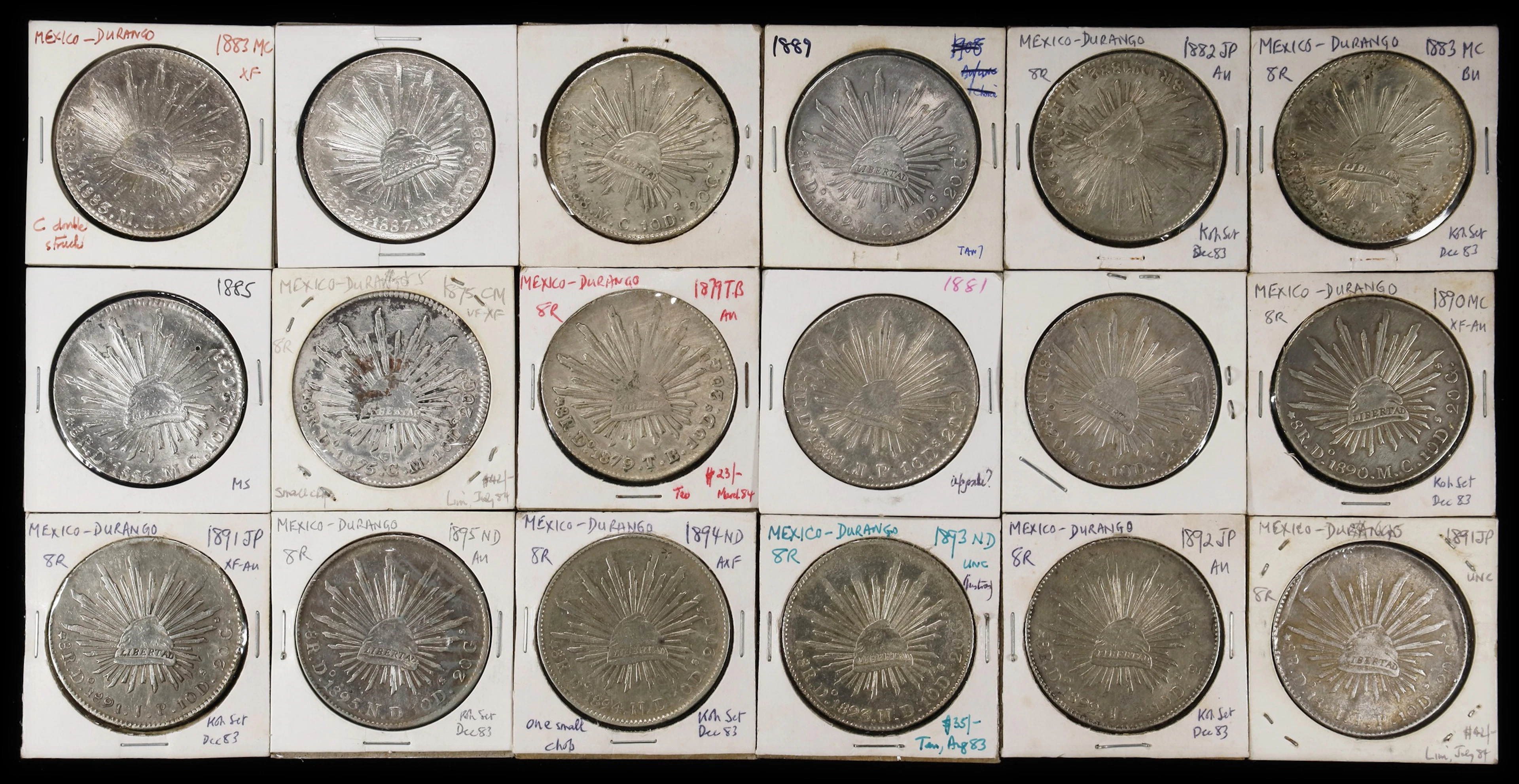MEXICO. Group of 8 Reales (18 Pieces), 1875-95. Durango Mint. Average
