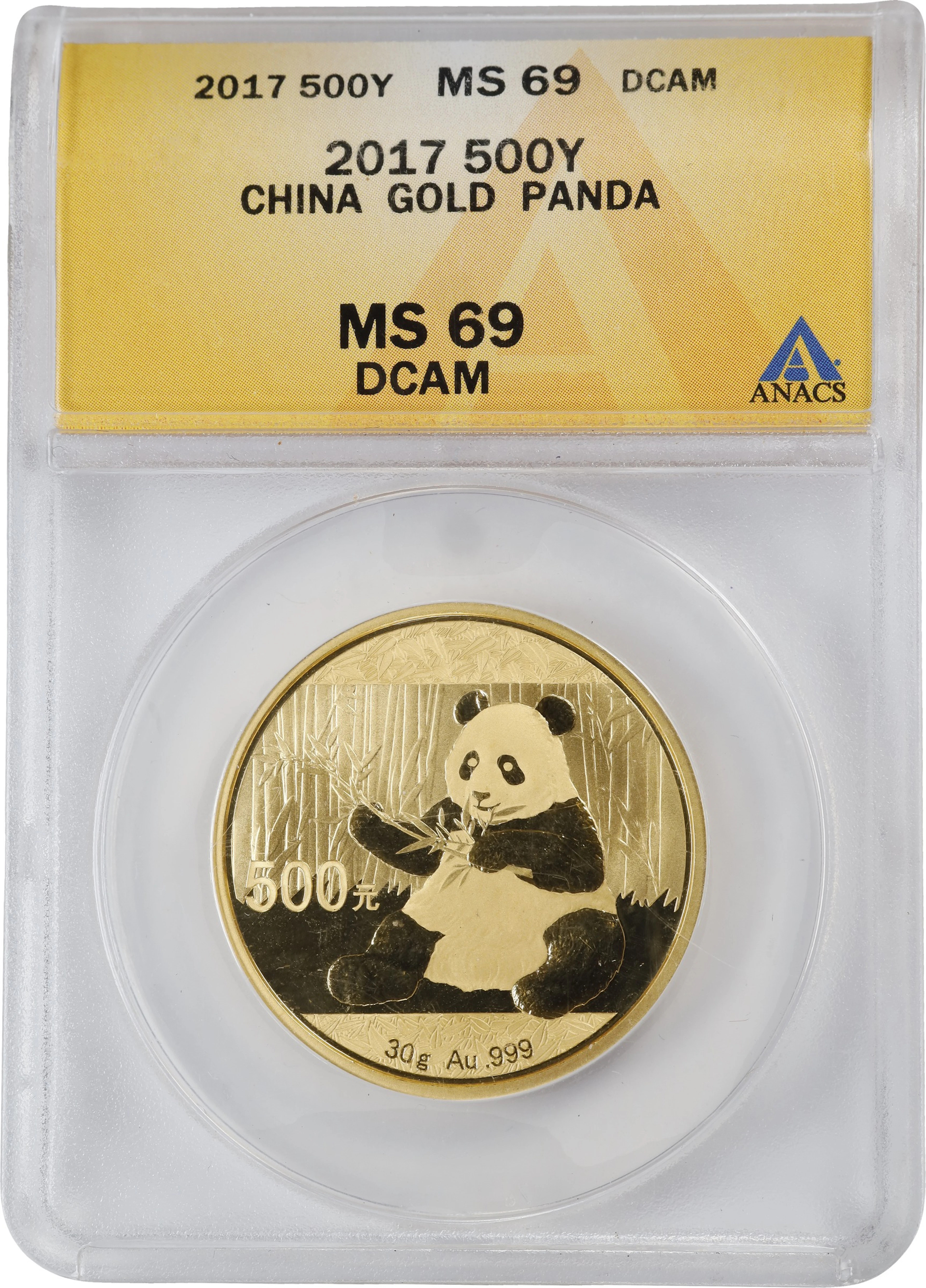(0.965 oz, 30 g AGW). China. 2017 30 gram Gold Panda. MS-69 DCAM (ANACS).
