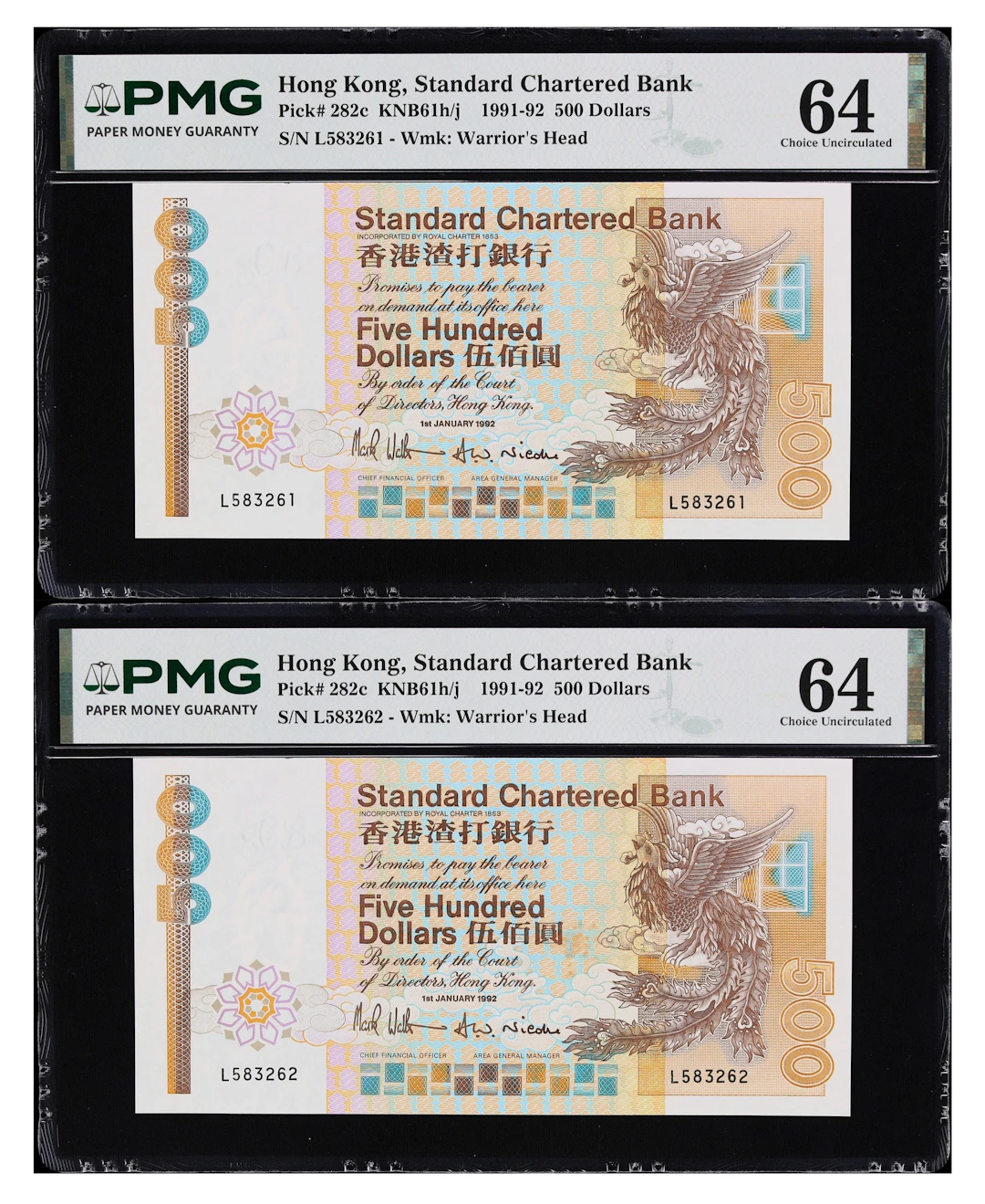 HONG KONG (SAR). Lot of (2). Standard Chartered Bank. 500 Dollars