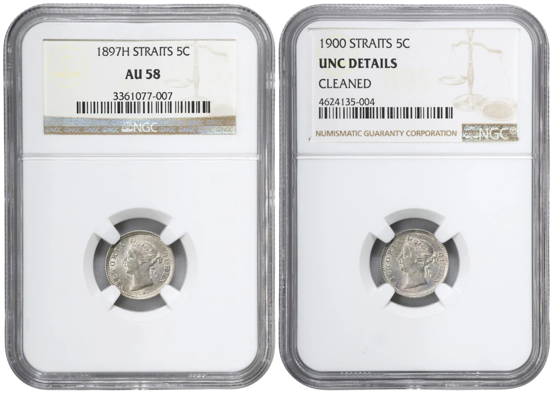 STRAITS SETTLEMENTS. Duo of 5 Cents (2 Pieces), 1897 & 1900. Victoria.